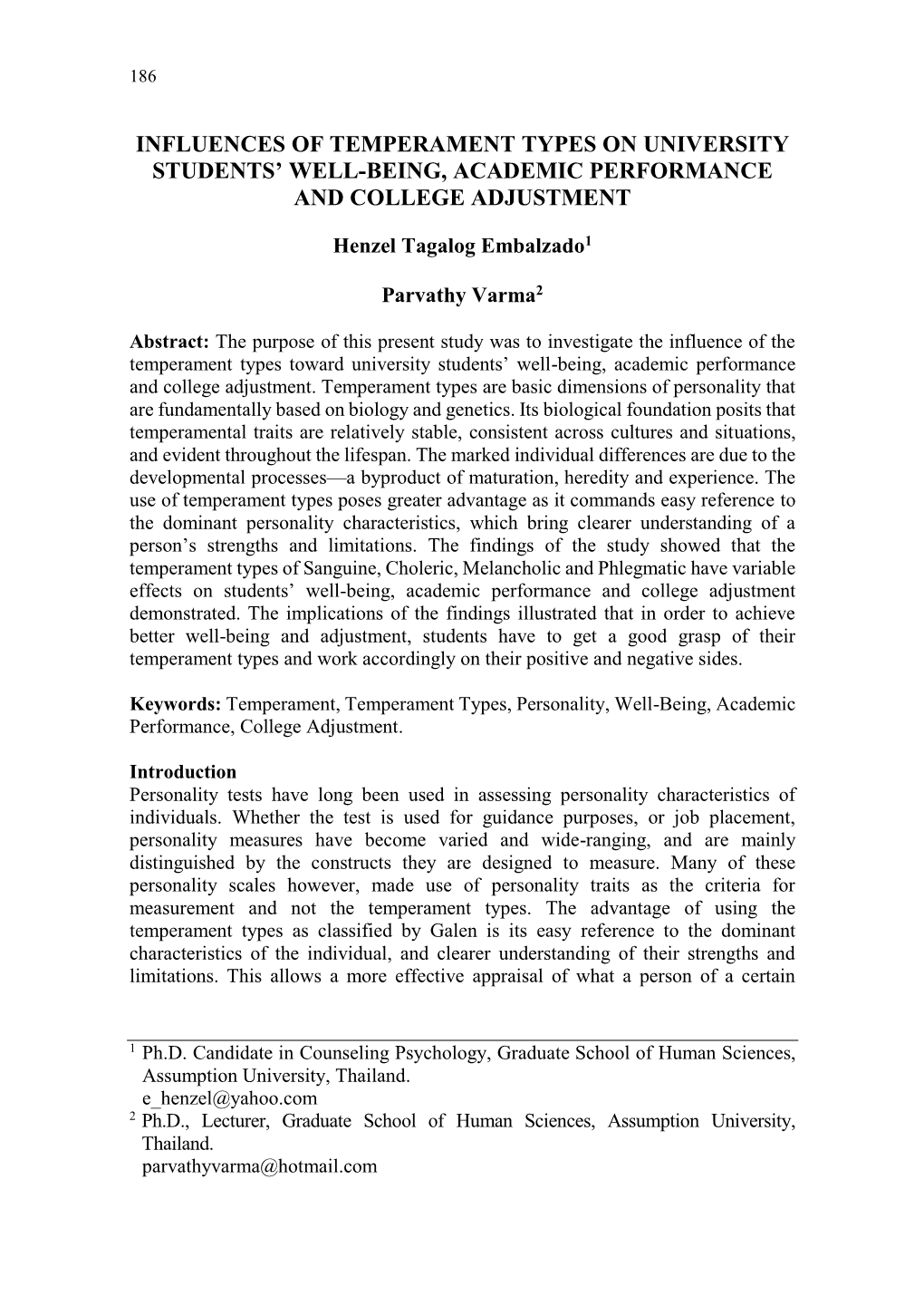 Influences of Temperament Types on University Students' Well-Being