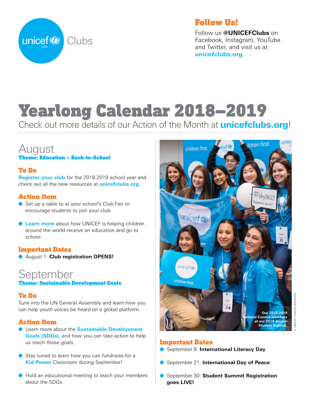 Yearlong Calendar 2018–2019 Check out More Details of Our Action of the Month at Unicefclubs.Org!
