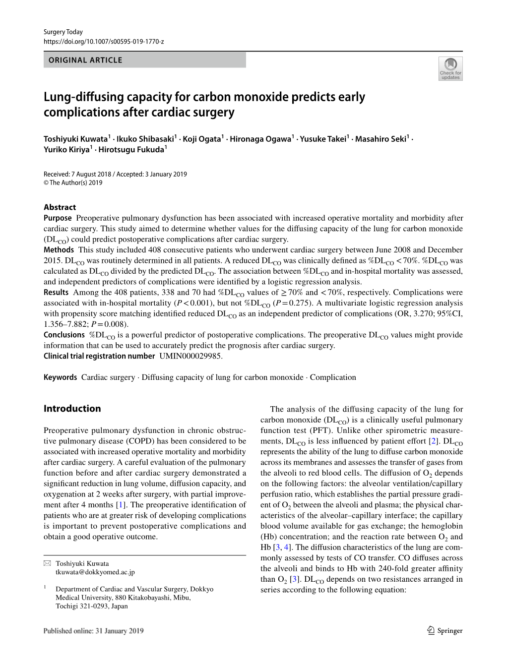 Lung-Diffusing Capacity for Carbon Monoxide Predicts Early Complications After Cardiac Surgery