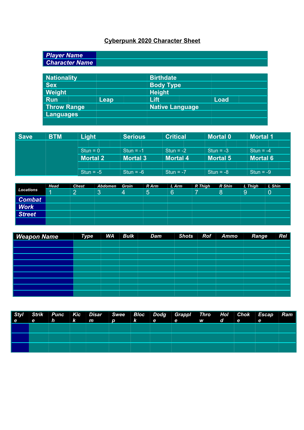 Cyberpunk 2020/2300AD Character Sheet Cybertraveller 2100Ad