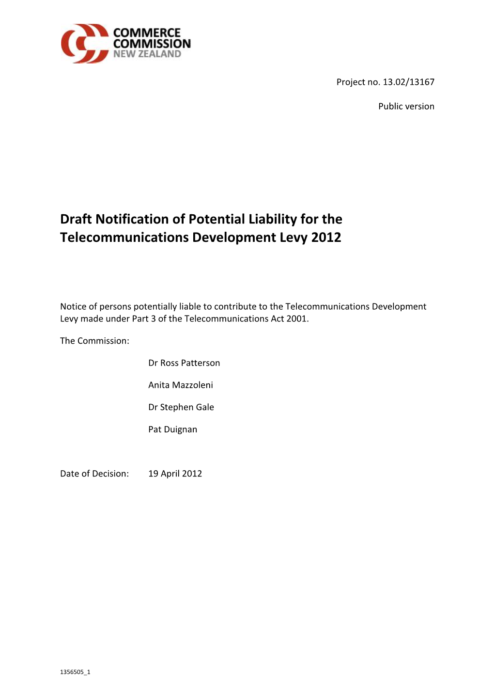 Draft Notification of Potential Liability for the Telecommunications Development Levy 2012