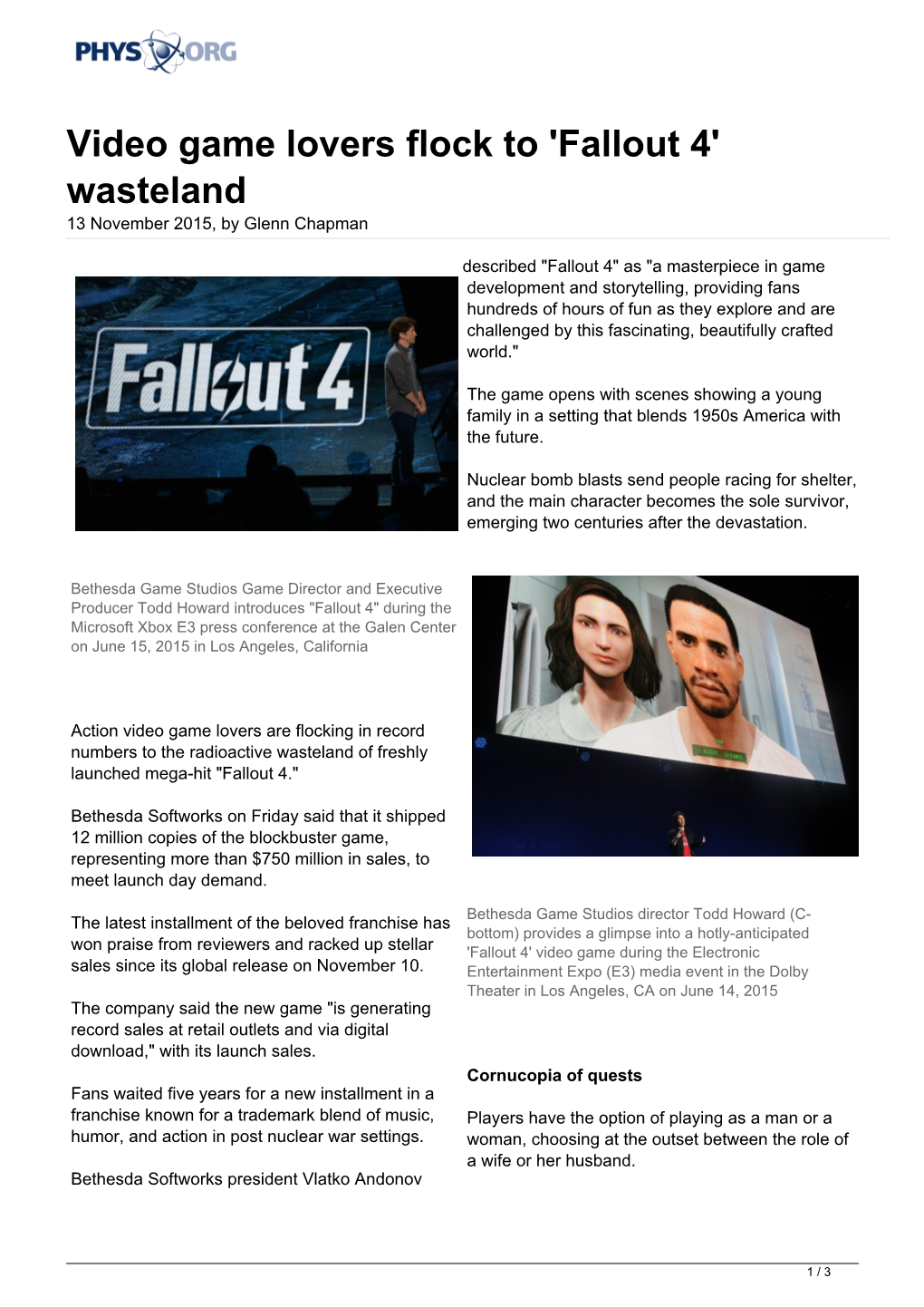 Video Game Lovers Flock to 'Fallout 4' Wasteland 13 November 2015, by Glenn Chapman