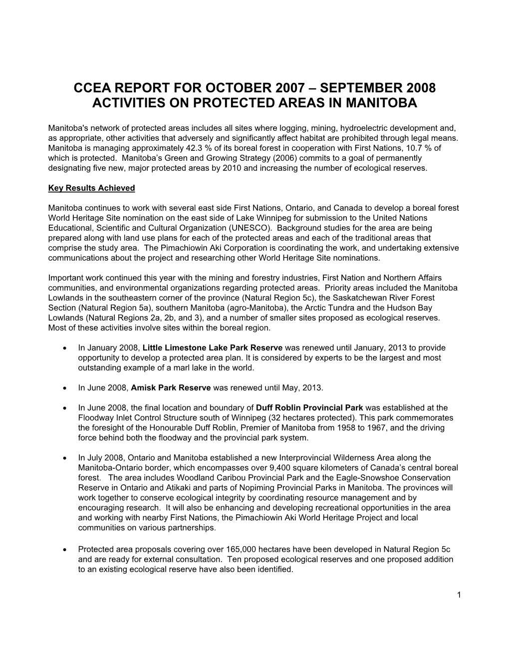 September 2008 Activities on Protected Areas in Manitoba