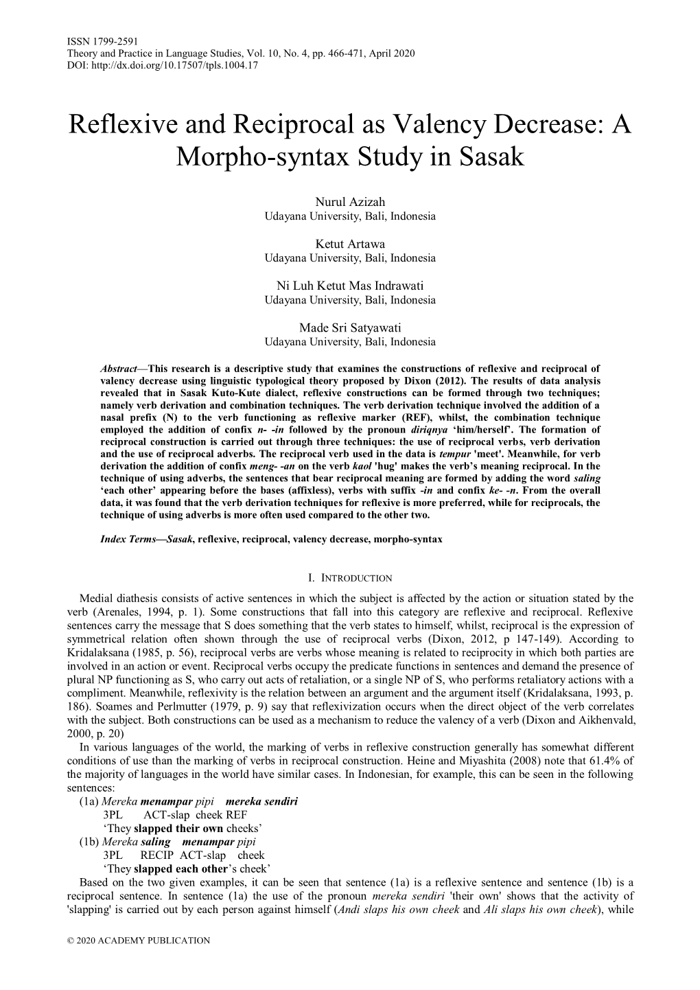 Reflexive and Reciprocal As Valency Decrease: a Morpho-Syntax Study in Sasak