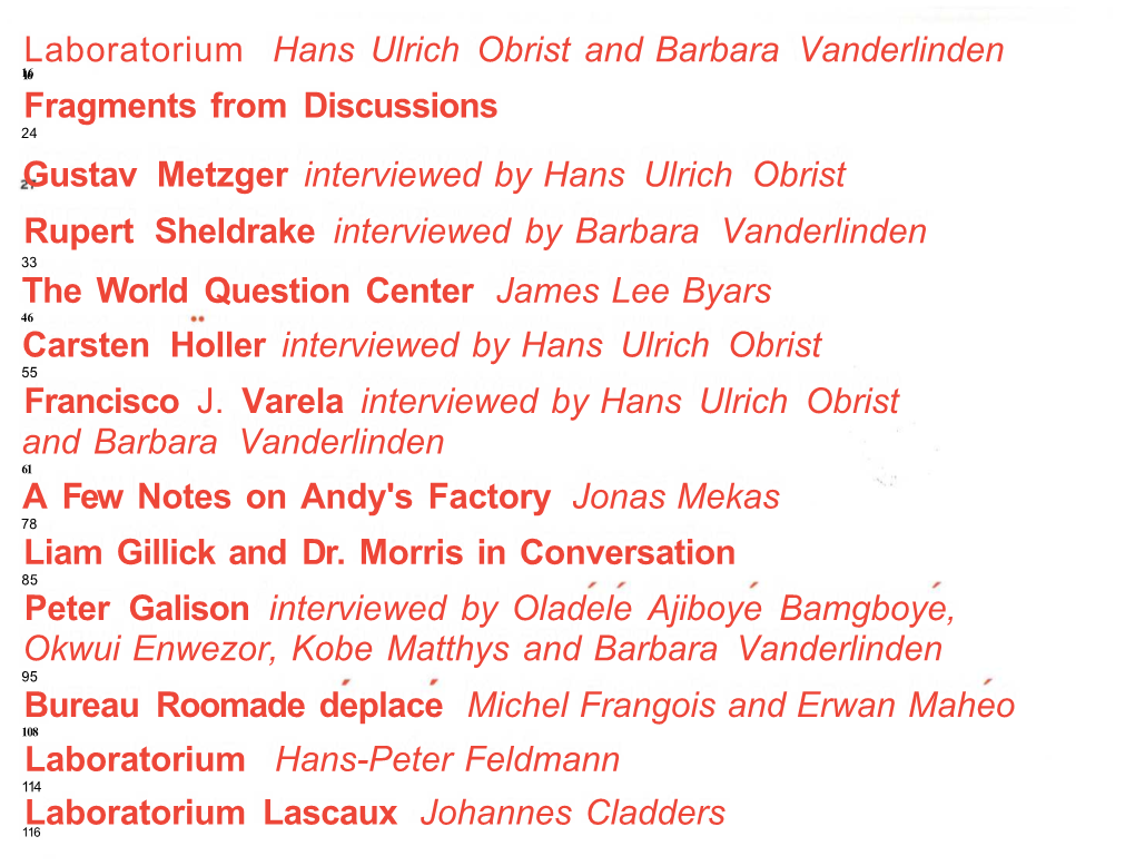 Laboratorium Hans Ulrich Obrist and Barbara Vanderlinden Fragments from Discussions Gustav Metzger Interviewed by Hans Ulrich Ob