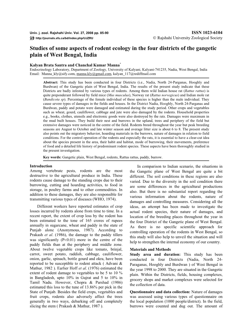 Studies of Some Aspects of Rodent Ecology in the Four Districts of the Gangetic Plain of West Bengal, India