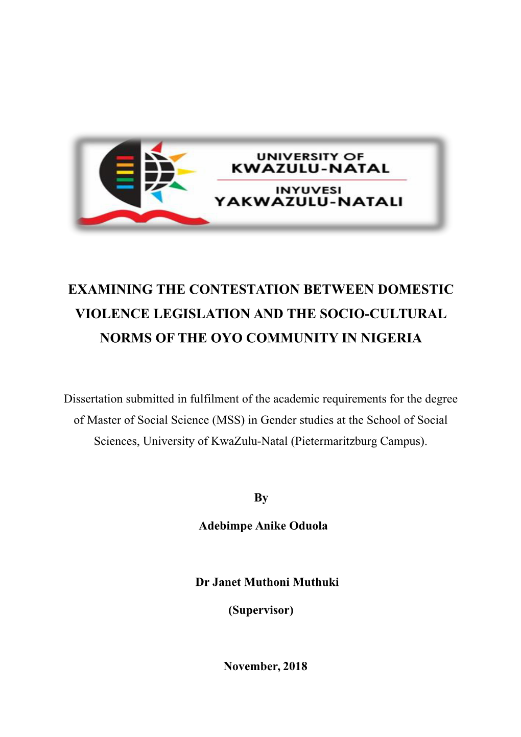 Examining the Contestation Between Domestic Violence Legislation and the Socio-Cultural Norms of the Oyo Community in Nigeria