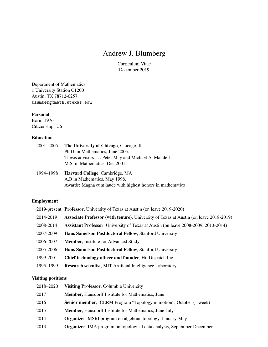 Andrew J. Blumberg Curriculum Vitae December 2019