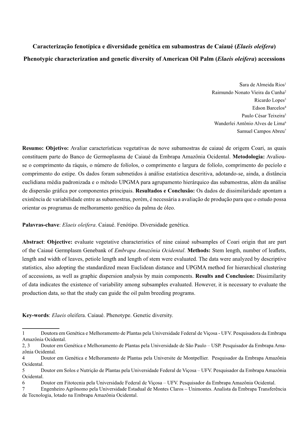 (Elaeis Oleifera) Phenotypic Characterization and Genetic Diversity of American Oil Palm (Elaeis Oleifera) Accessions