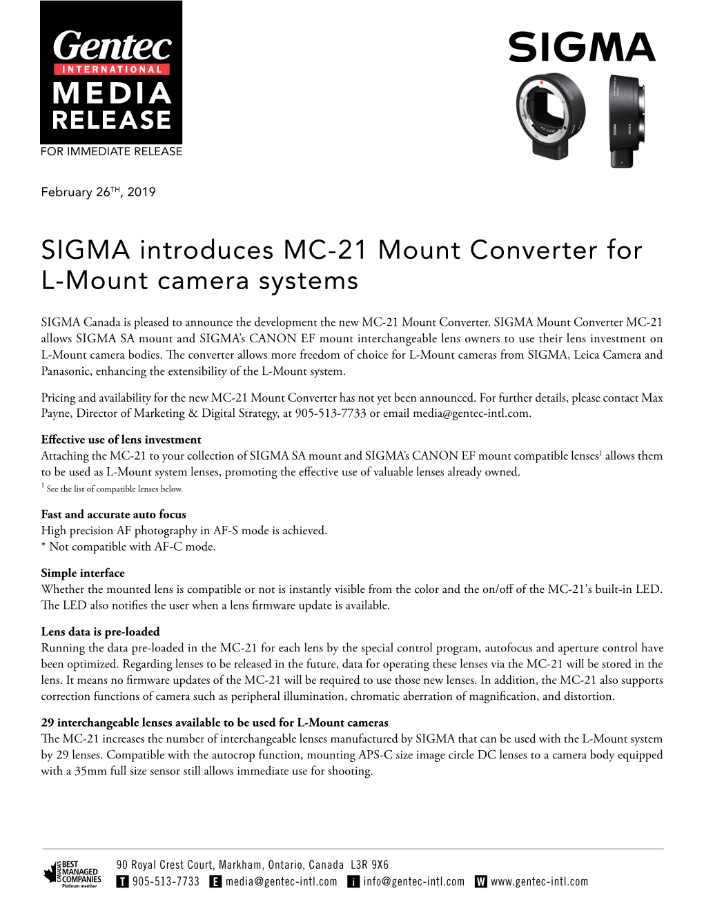 SIGMA Introduces MC-21 Mount Converter for L-Mount Camera Systems
