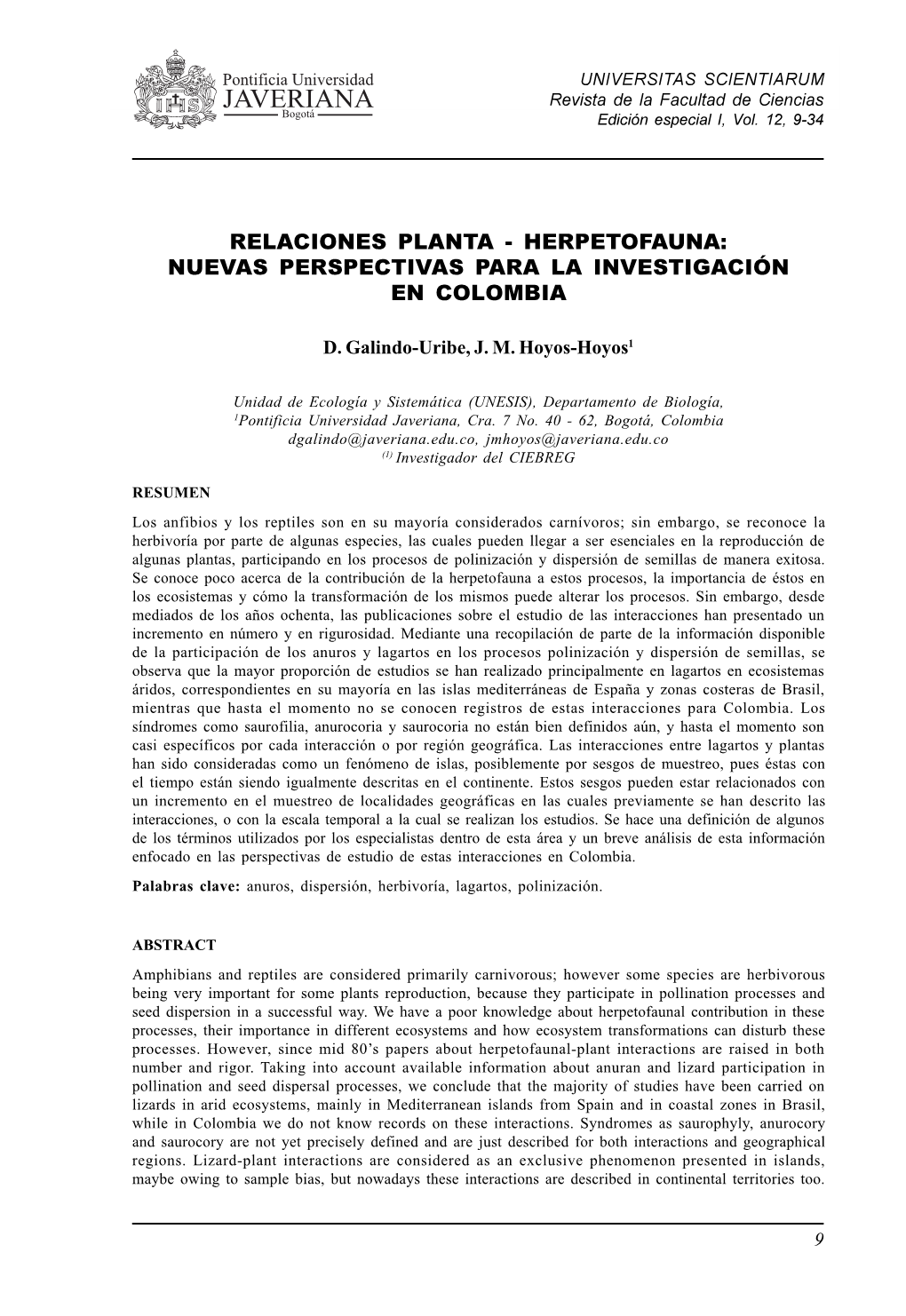 Relaciones Planta - Herpetofauna: Nuevas Perspectivas Para La Investigación En Colombia