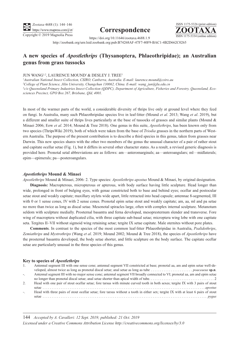 A New Species of Apostlethrips (Thysanoptera, Phlaeothripidae); an Australian Genus from Grass Tussocks