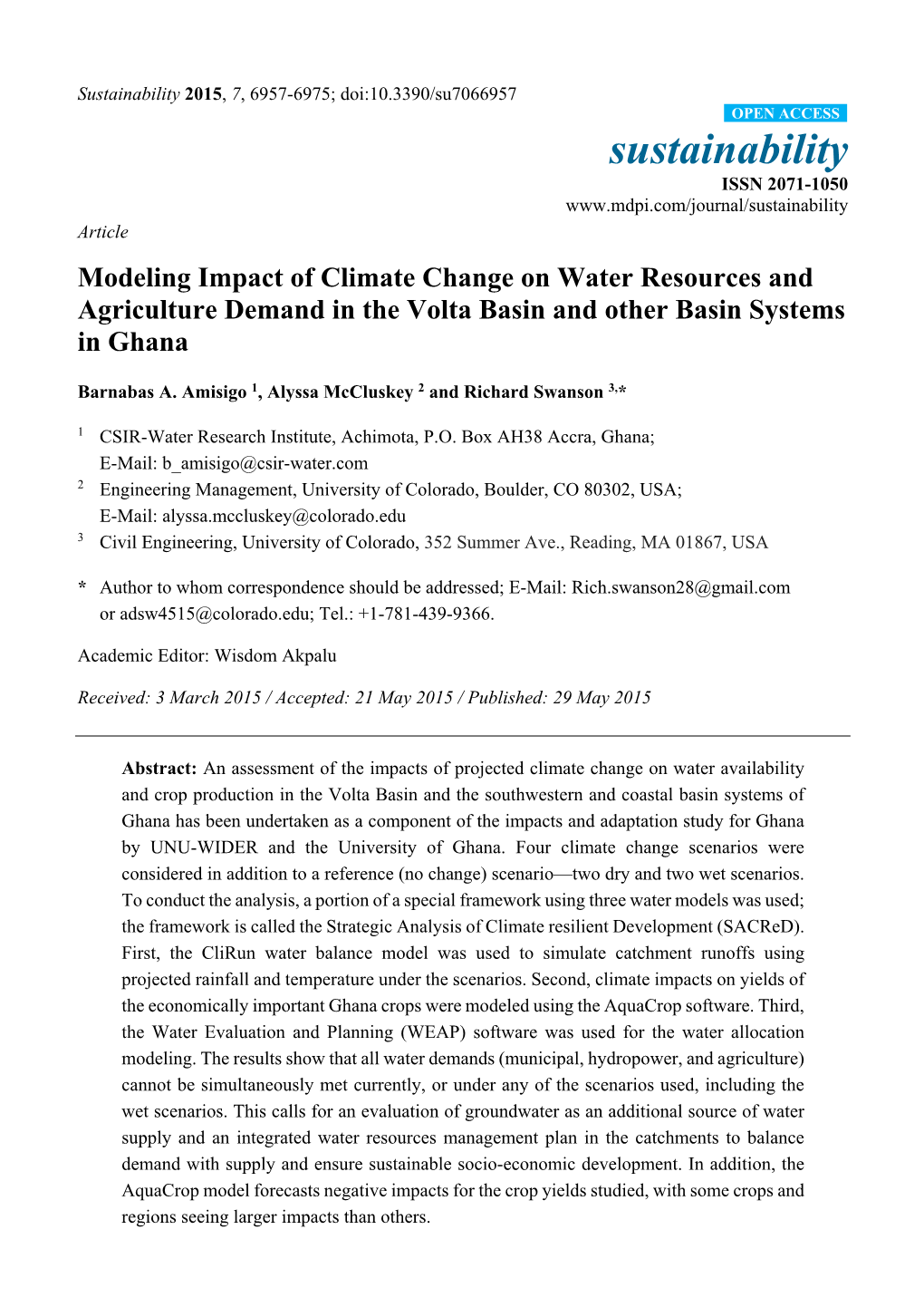 Modeling Impact of Climate Change on Water Resources and Agriculture Demand in the Volta Basin and Other Basin Systems in Ghana