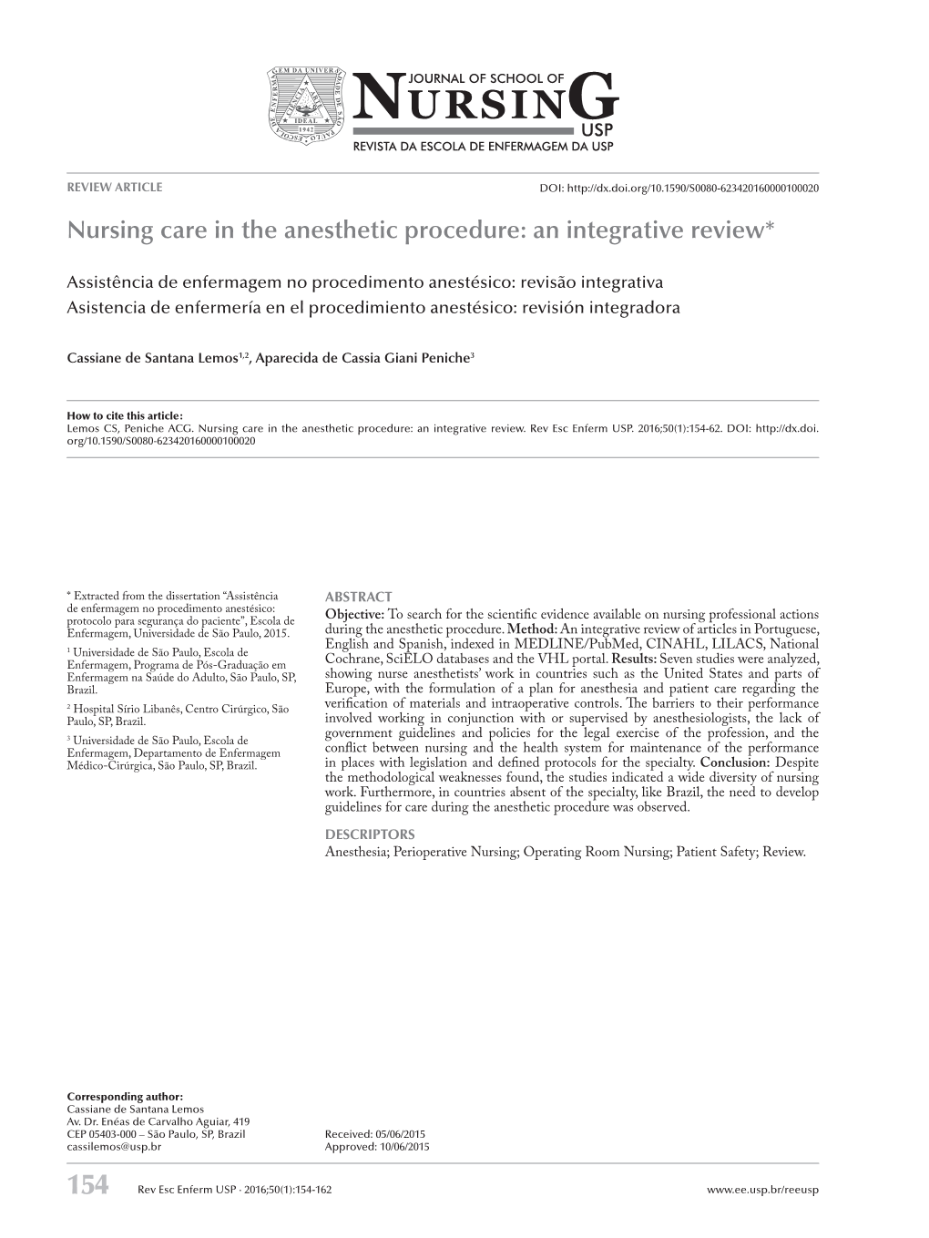 Nursing Care in the Anesthetic Procedure: an Integrative Review*