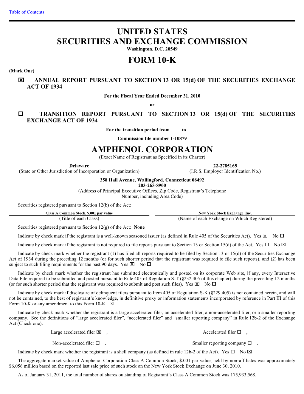 United States Securities and Exchange Commission Form 10-K Amphenol Corporation