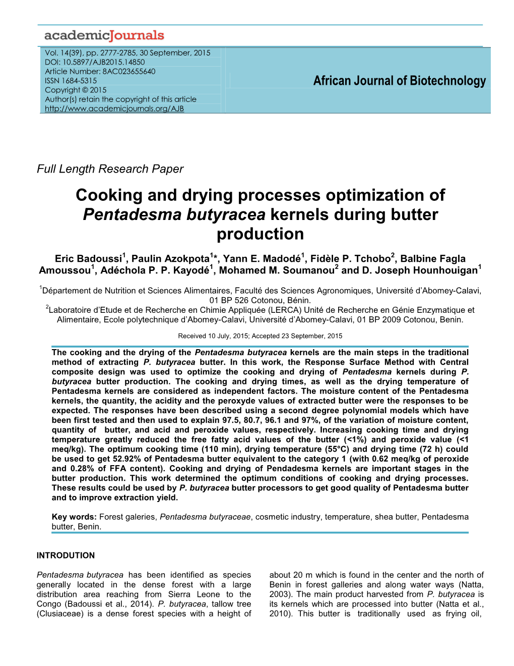 Cooking and Drying Processes Optimization of Pentadesma Butyracea Kernels During Butter Production