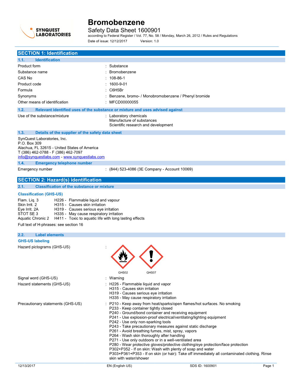 Bromobenzene Safety Data Sheet 1600901 According to Federal Register / Vol