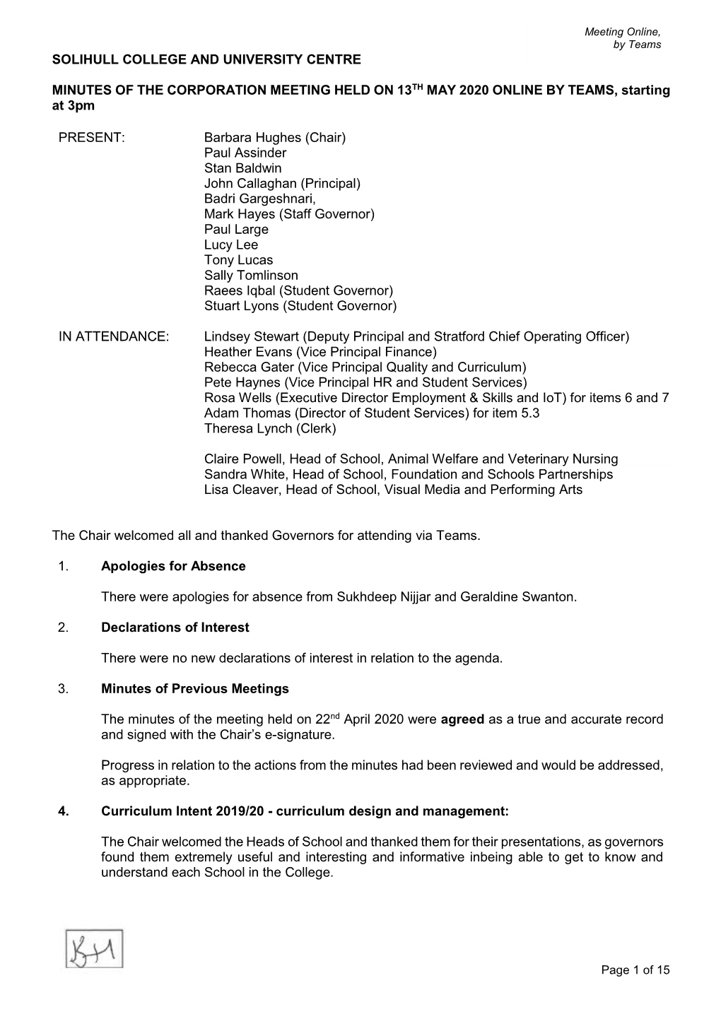 SOLIHULL COLLEGE and UNIVERSITY CENTRE MINUTES of the CORPORATION MEETING HELD on 13TH MAY 2020 ONLINE by TEAMS, Starting At