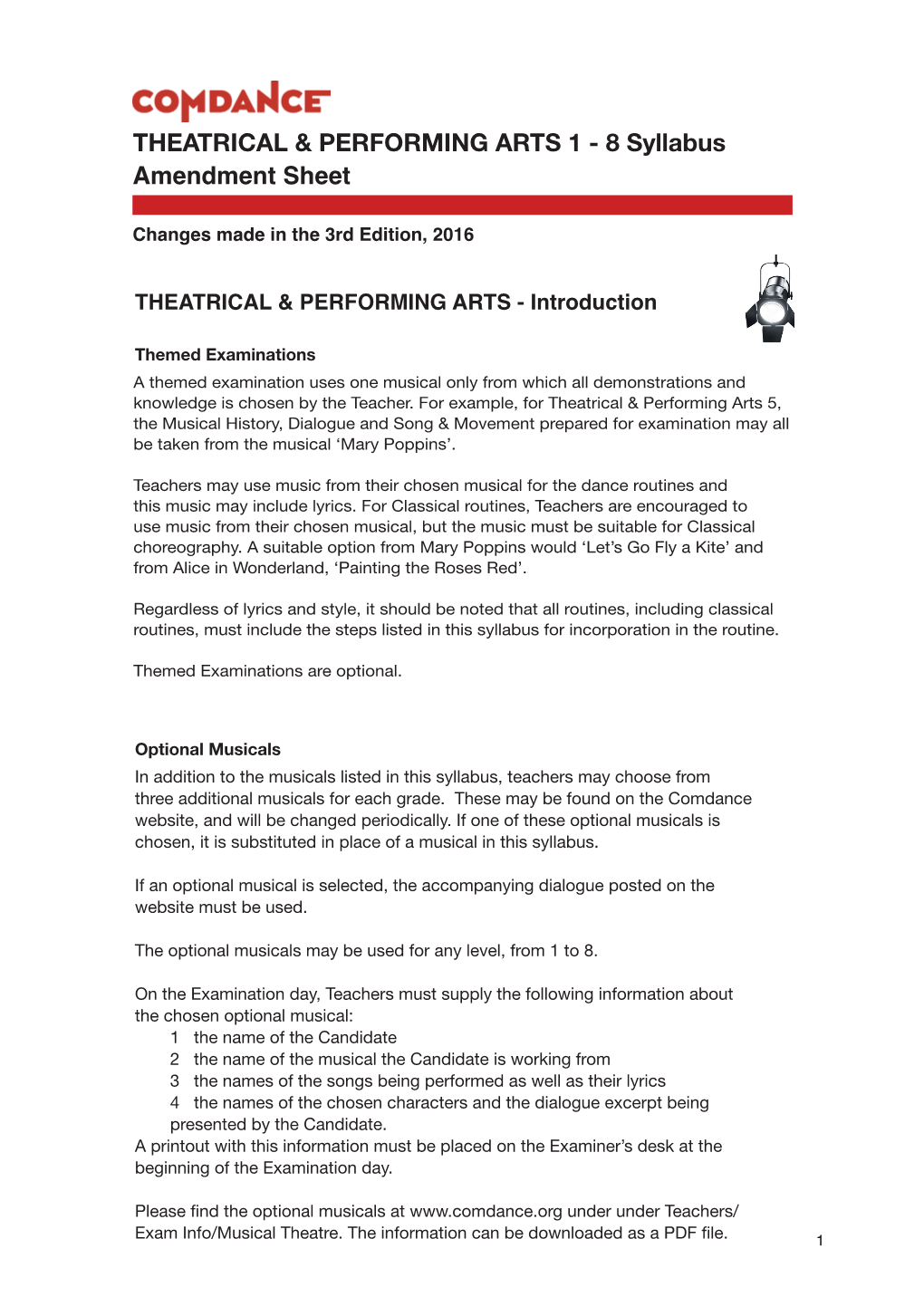 Amendment Sheet THEATRICAL & PERFORMING ARTS 1