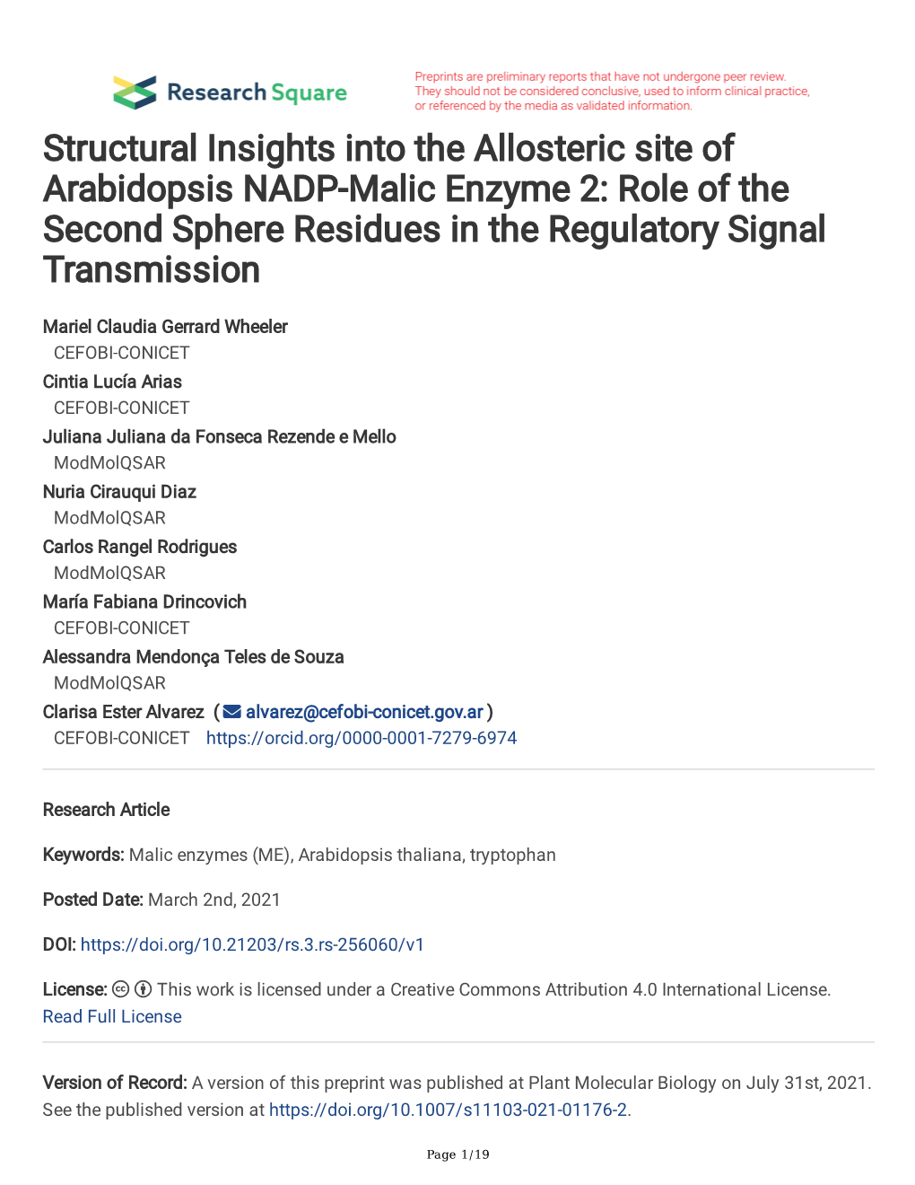 Structural Insights Into the Allosteric Site of Arabidopsis NADP-Malic Enzyme 2: Role of the Second Sphere Residues in the Regulatory Signal Transmission