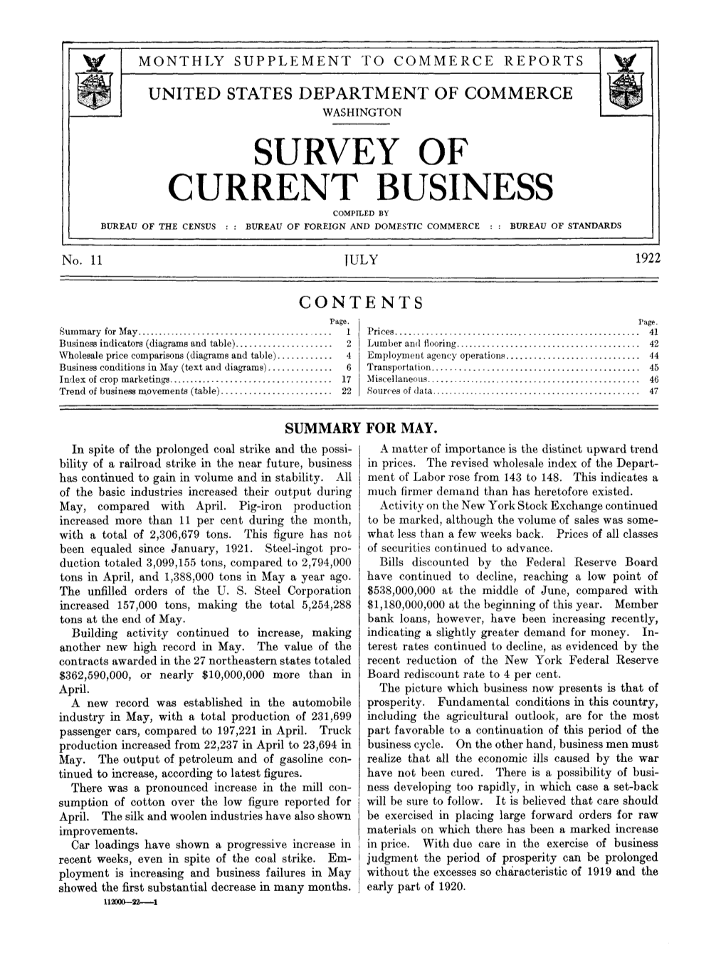 Survey of Current Business July 1922