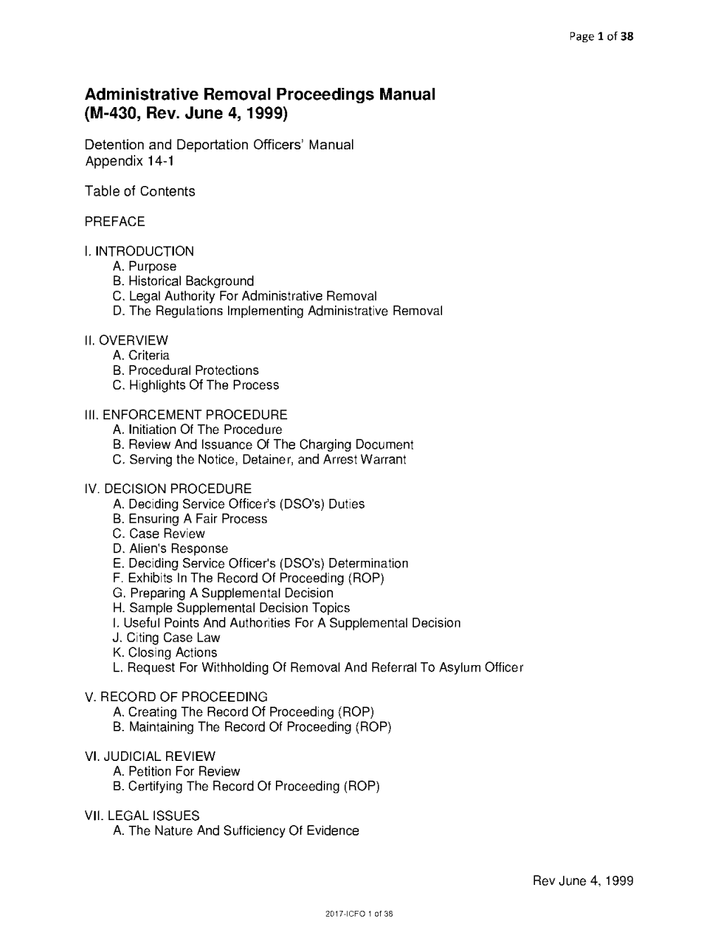 Administrative Removal Proceedings Manual (M-430, Rev. June 4, 1999)