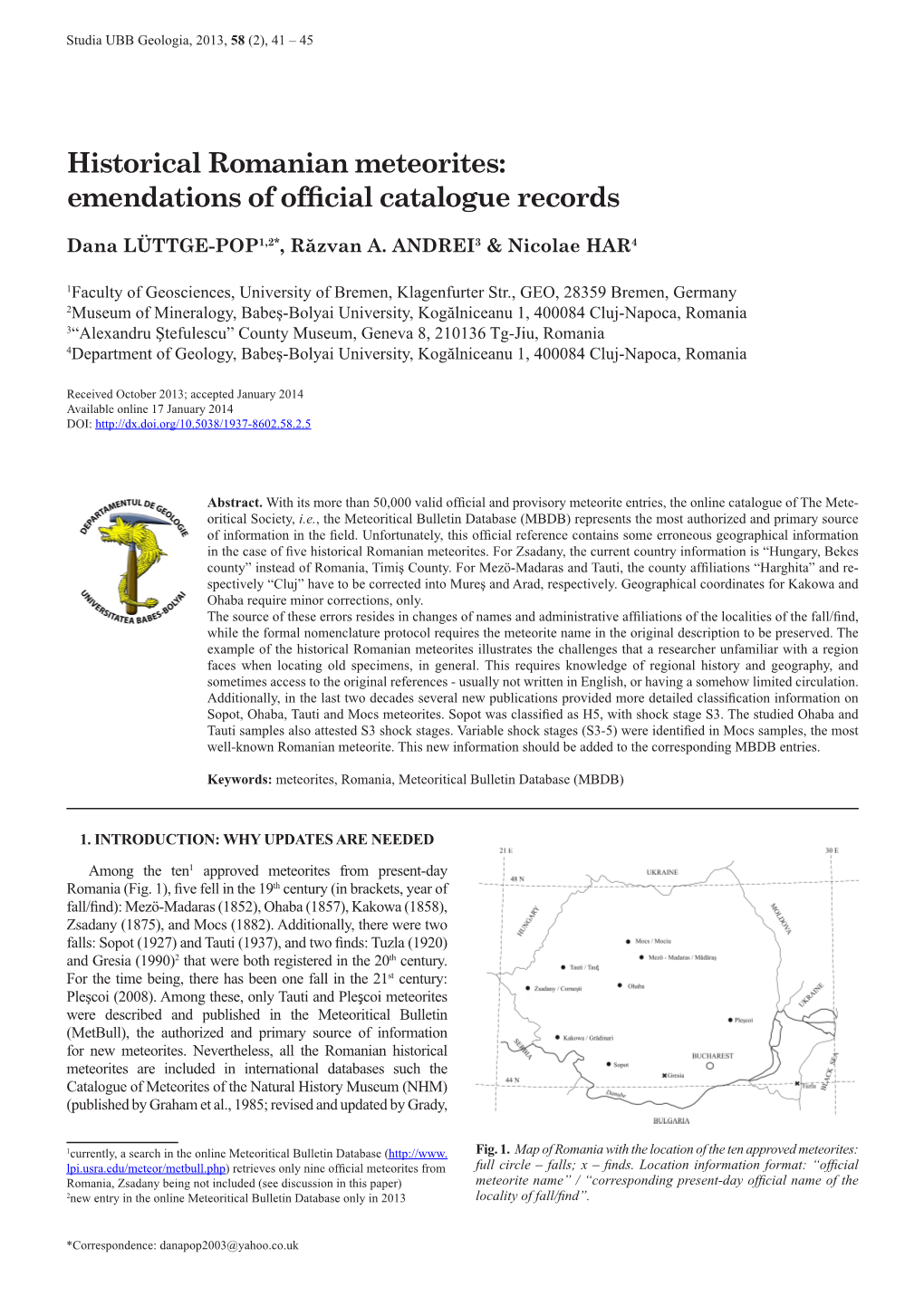 Historical Romanian Meteorites: Emendations of Official Catalogue Records