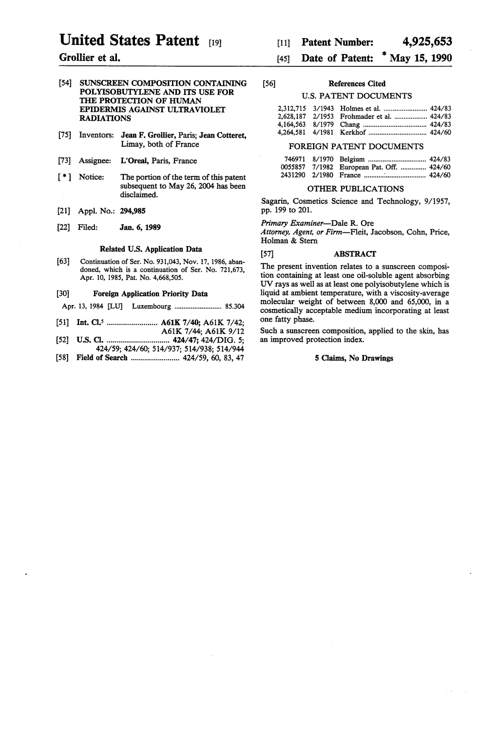 United States Patent (19) 11 Patent Number: 4,925,653 Grollier Et Al