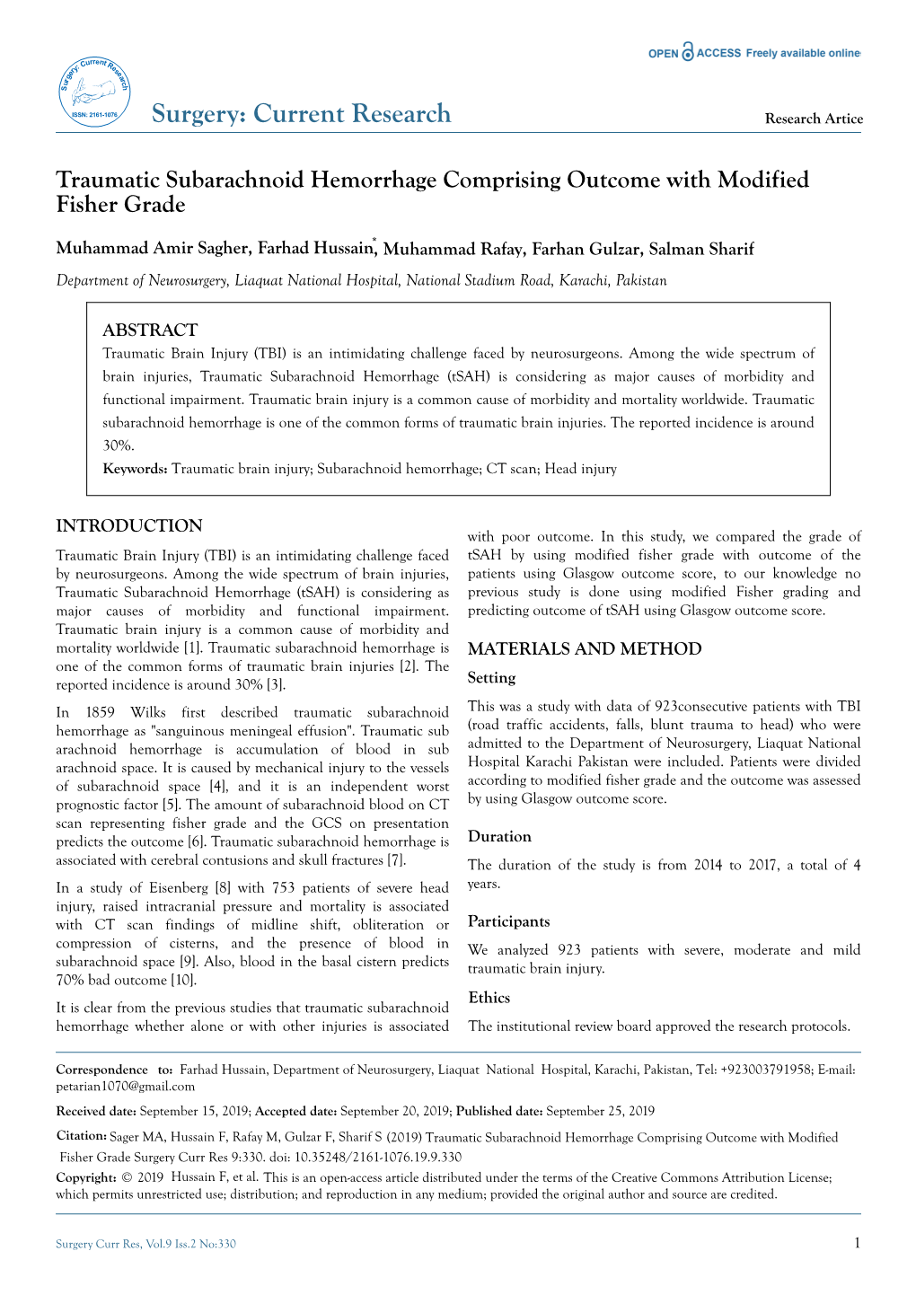 Traumatic Subarachnoid Hemorrhage Comprising Outcome with Modified Fisher Grade