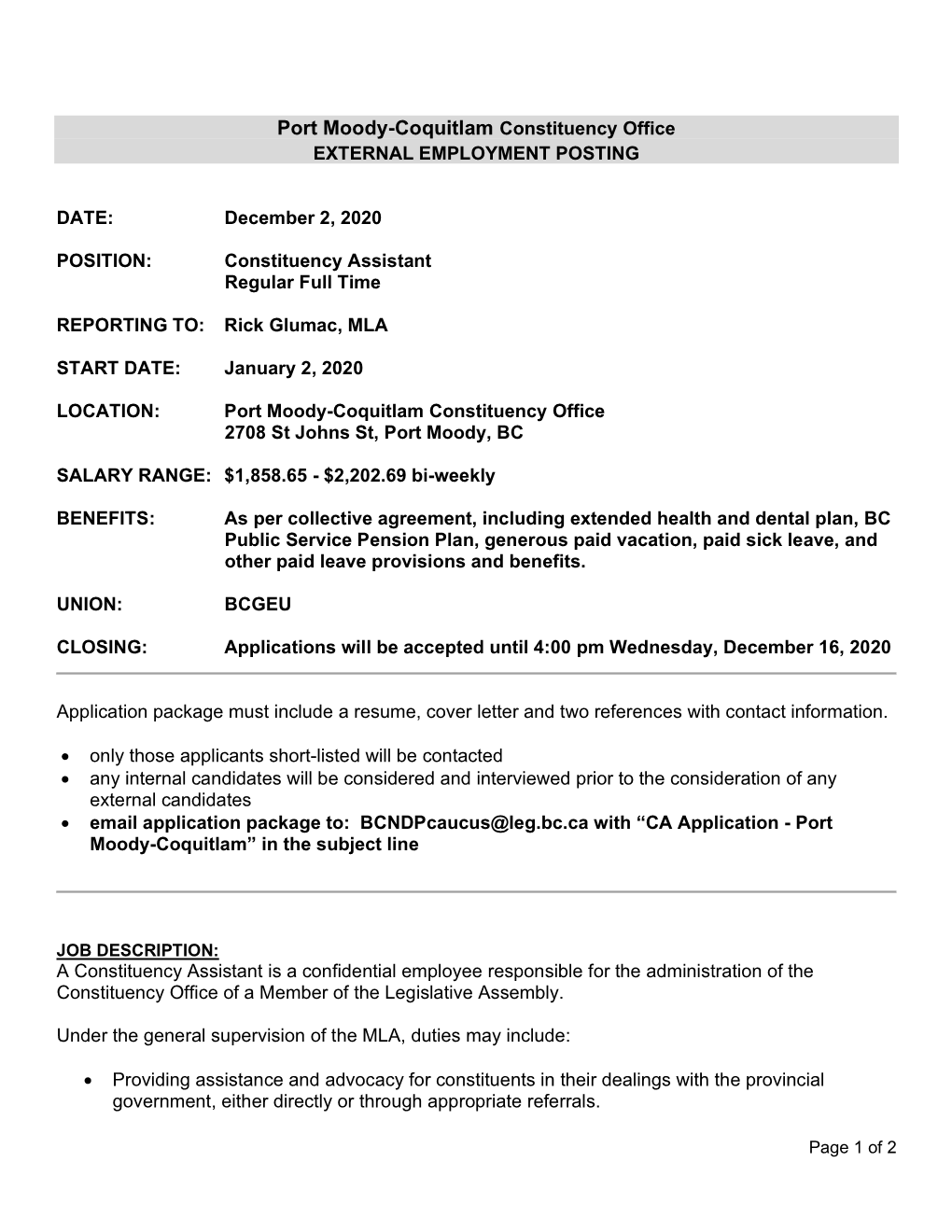 Port Moody-Coquitlam Constituency Office EXTERNAL EMPLOYMENT POSTING