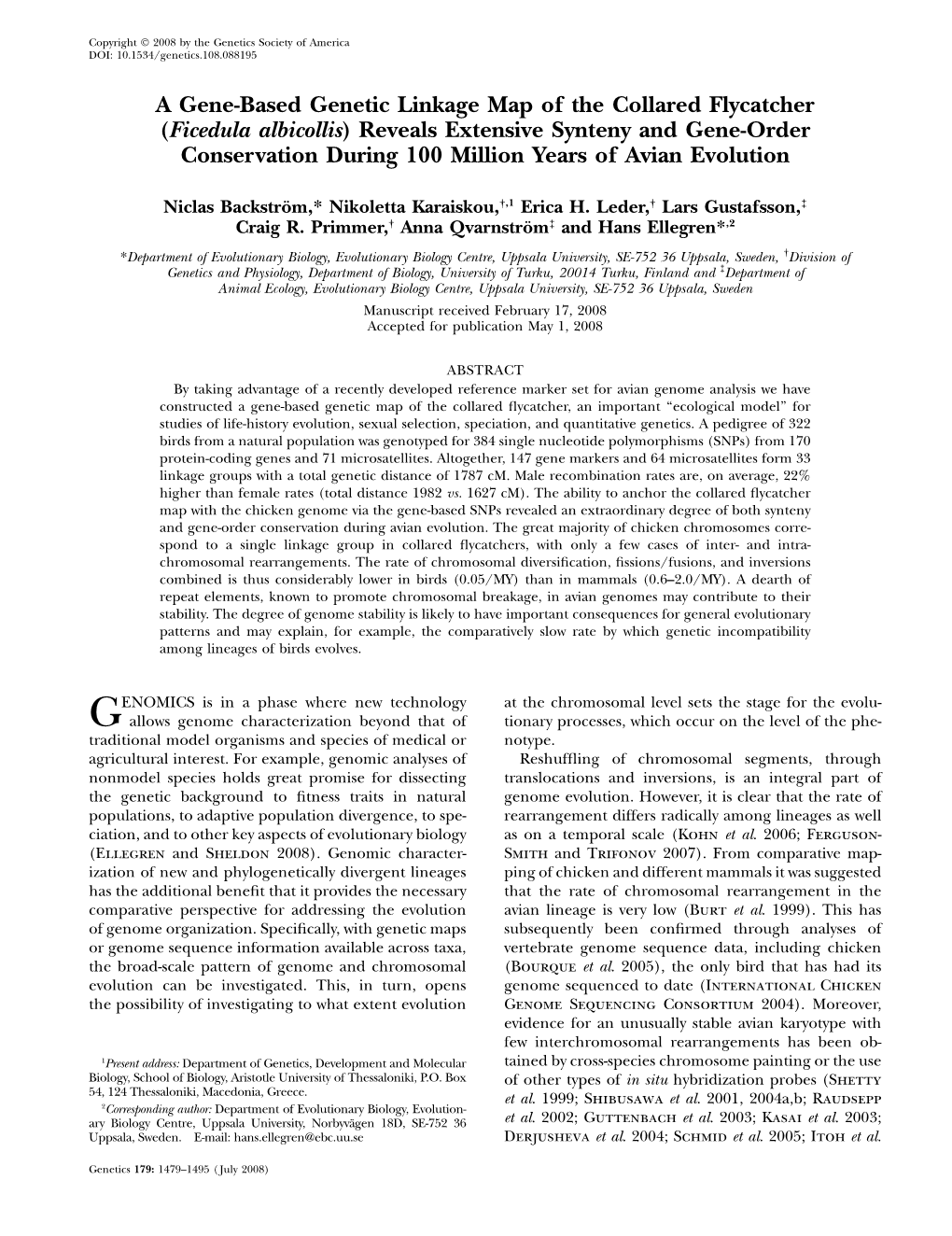 A Gene-Based Genetic Linkage Map of the Collared Flycatcher