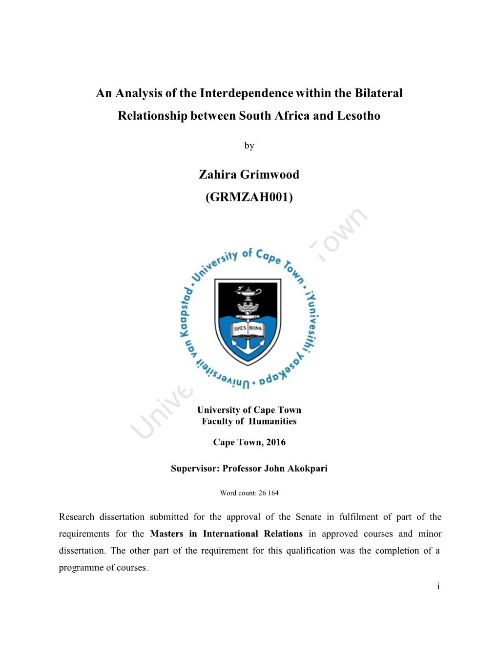 An Analysis of the Interdependence Within the Bilateral Relationship Between South Africa and Lesotho