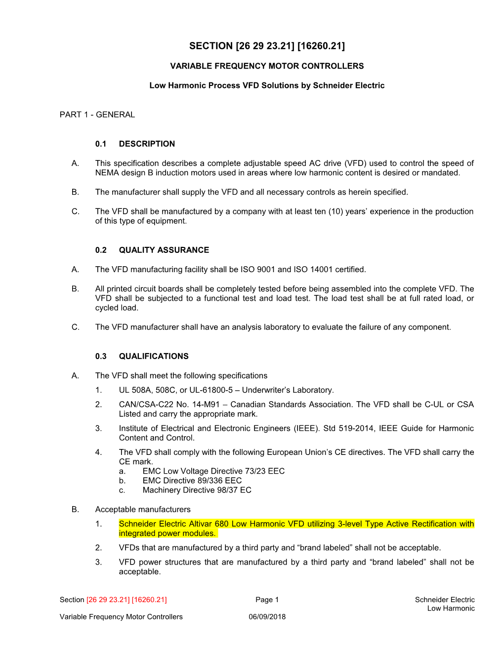 Section 26 29 23.21 - Variable Frequency Motor Controllers