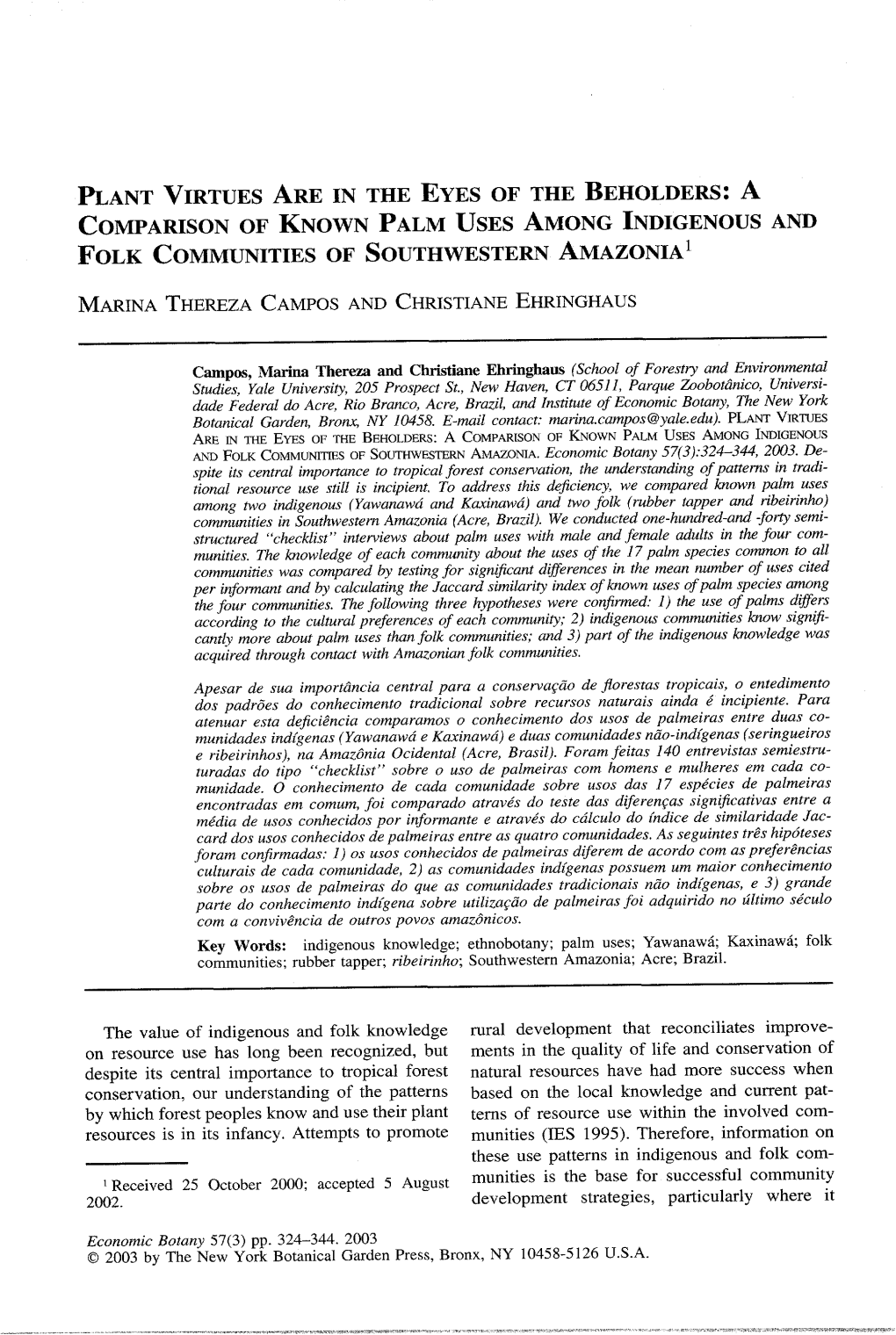 Plant Virtues Are in the Eyes of the Beholders: a Comparison of Known Palm Uses Among Indigenous and Folk Communities of Southwestern Amazonia'