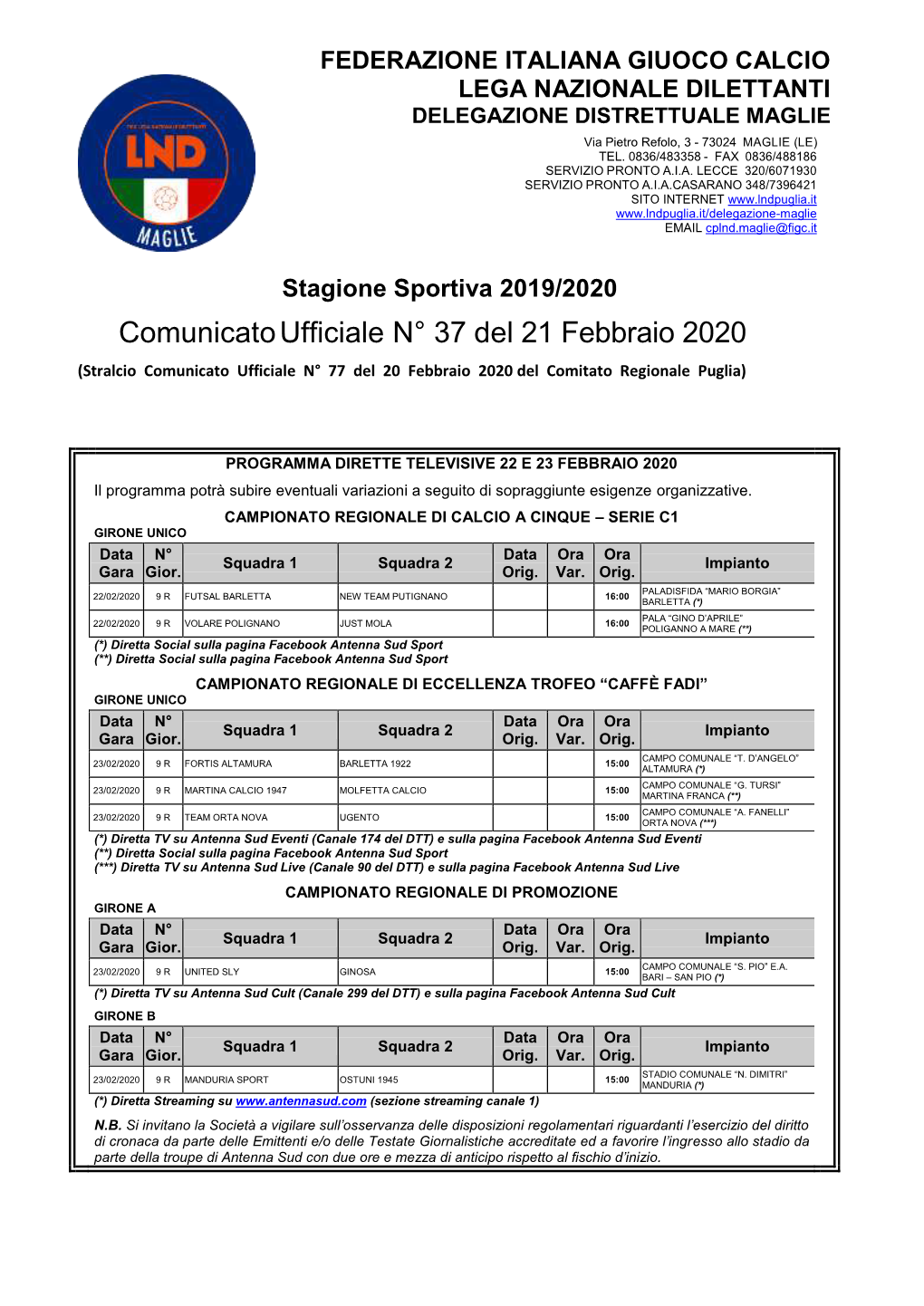 Comunicatoufficiale N° 37 Del 21 Febbraio 2020