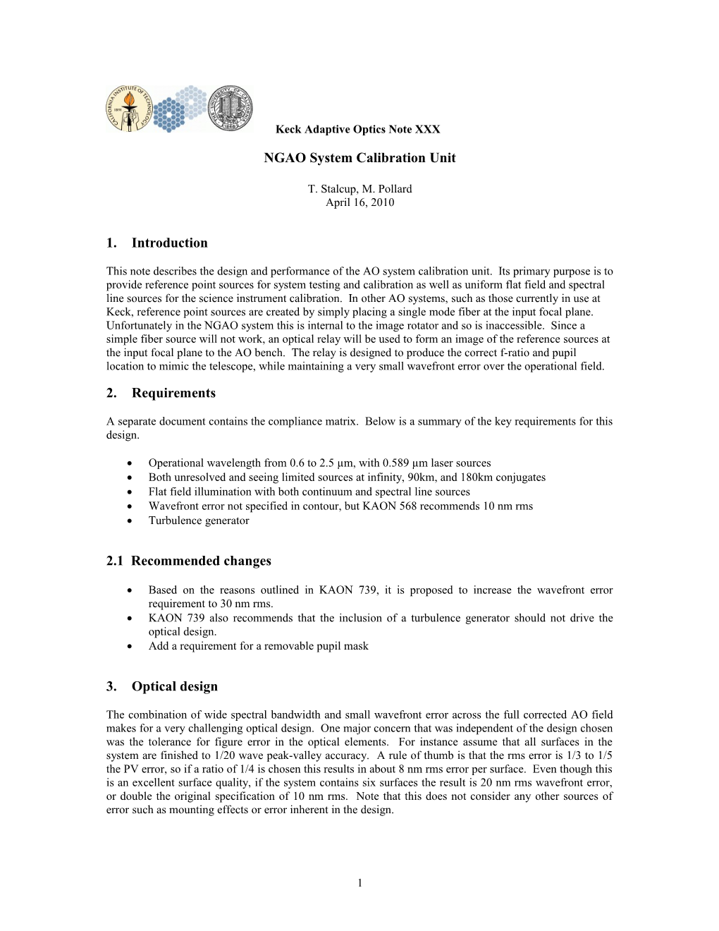 Keck Adaptive Optics Note