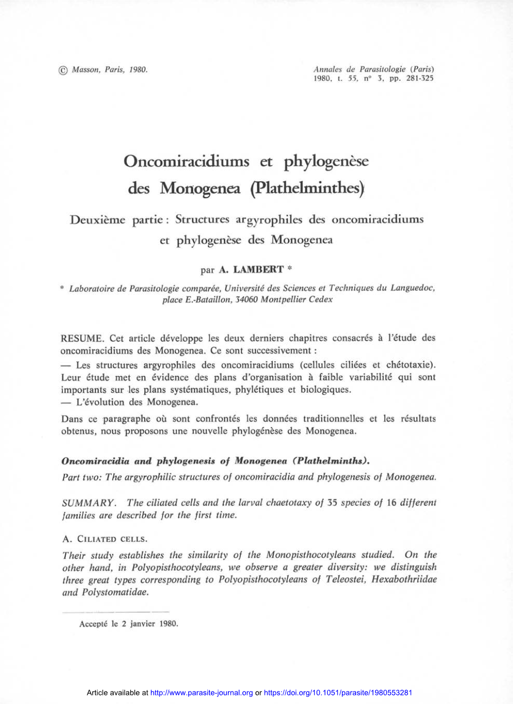 Plathelminthes) Deuxième Partie : Structures Argyrophiles Des Oncomiracidiums Et Phylogenèse Des Monogenea