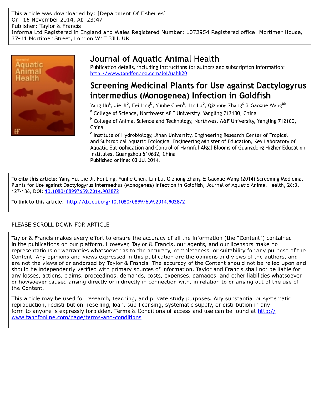 Journal of Aquatic Animal Health Screening Medicinal Plants for Use