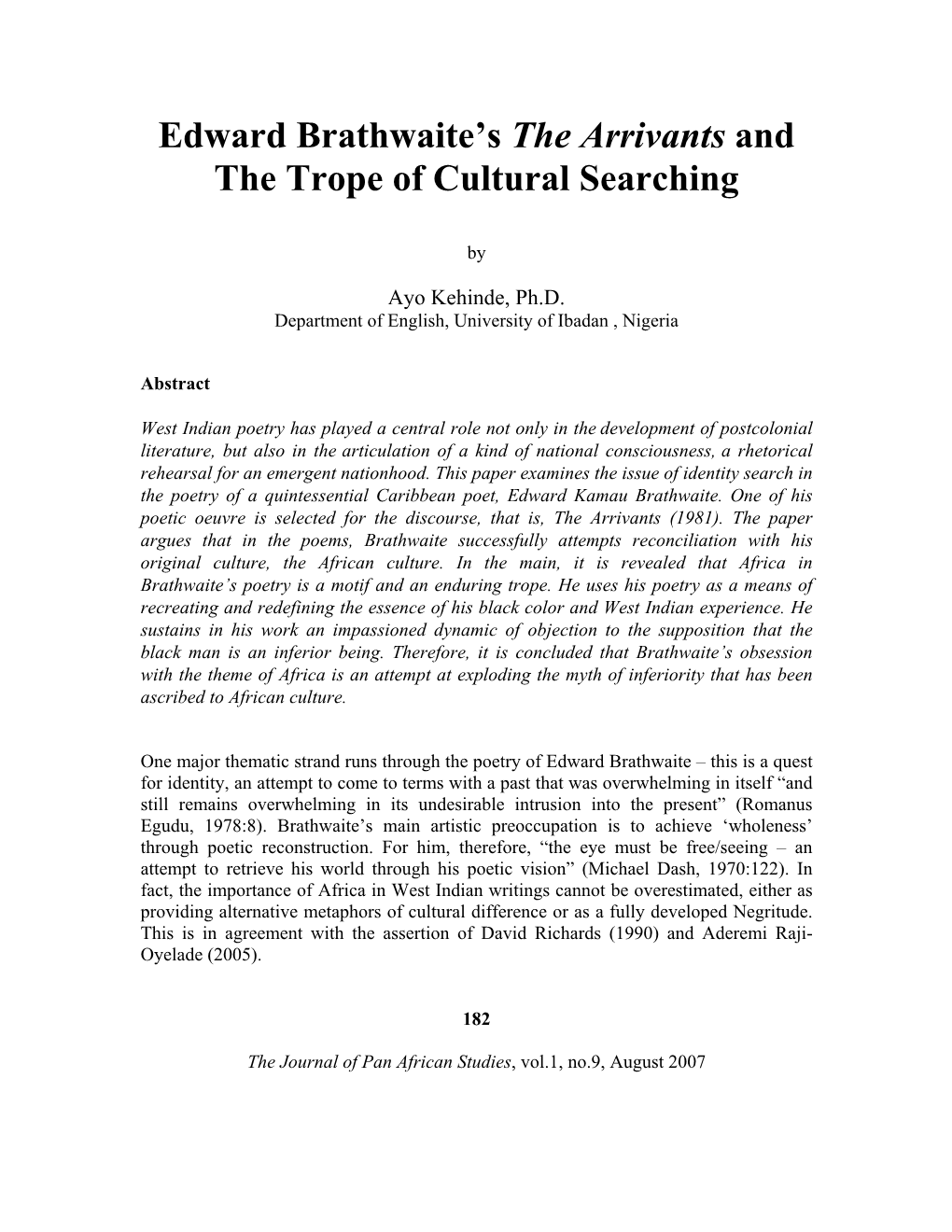 Edward Brathwaite's the Arrivants and the Trope of Cultural Searching