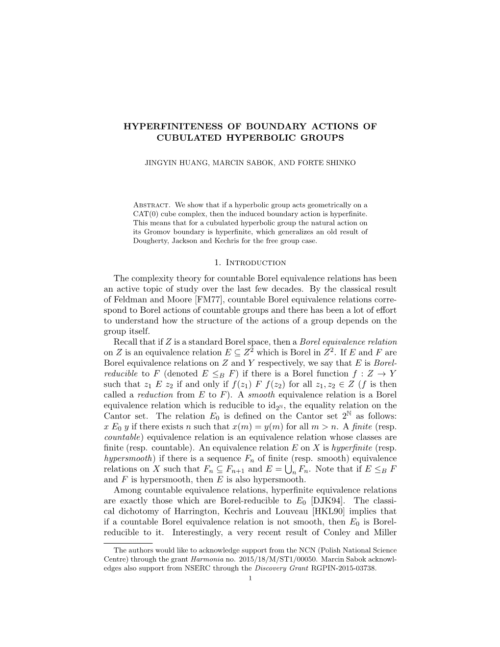 HYPERFINITENESS of BOUNDARY ACTIONS of CUBULATED HYPERBOLIC GROUPS 1. Introduction the Complexity Theory for Countable Borel