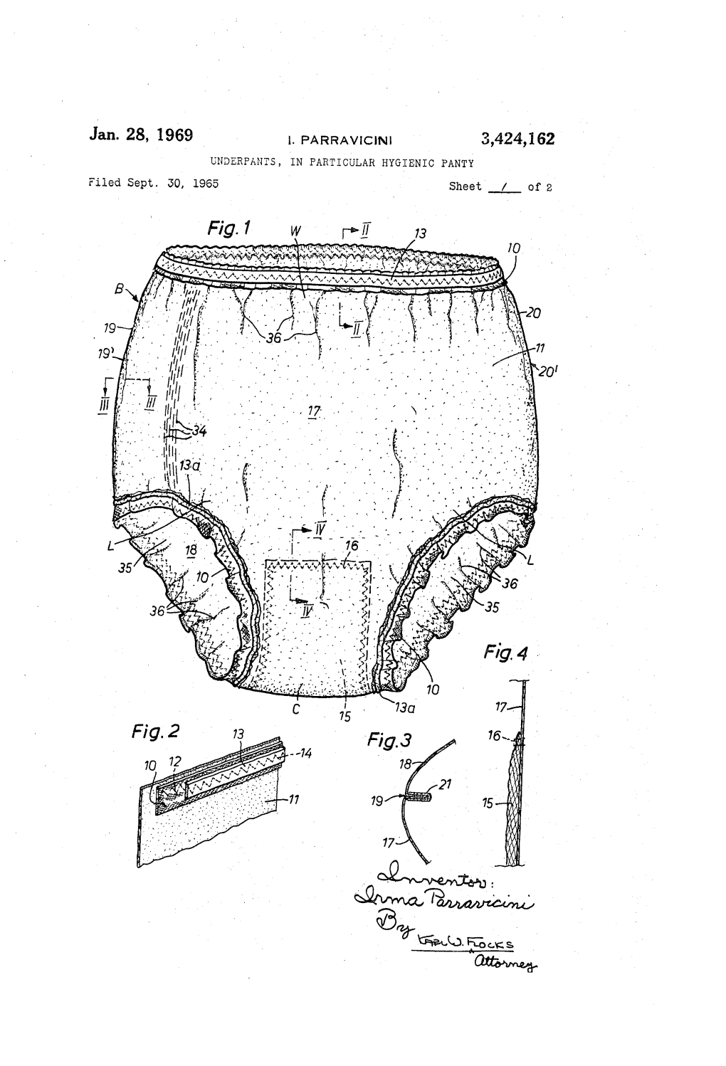 Jan. 28, 1969 PARRAVCN 3,424,162 UNDERPANTS, in PARTICULAR HYGIENIC PANTY Filed Sept