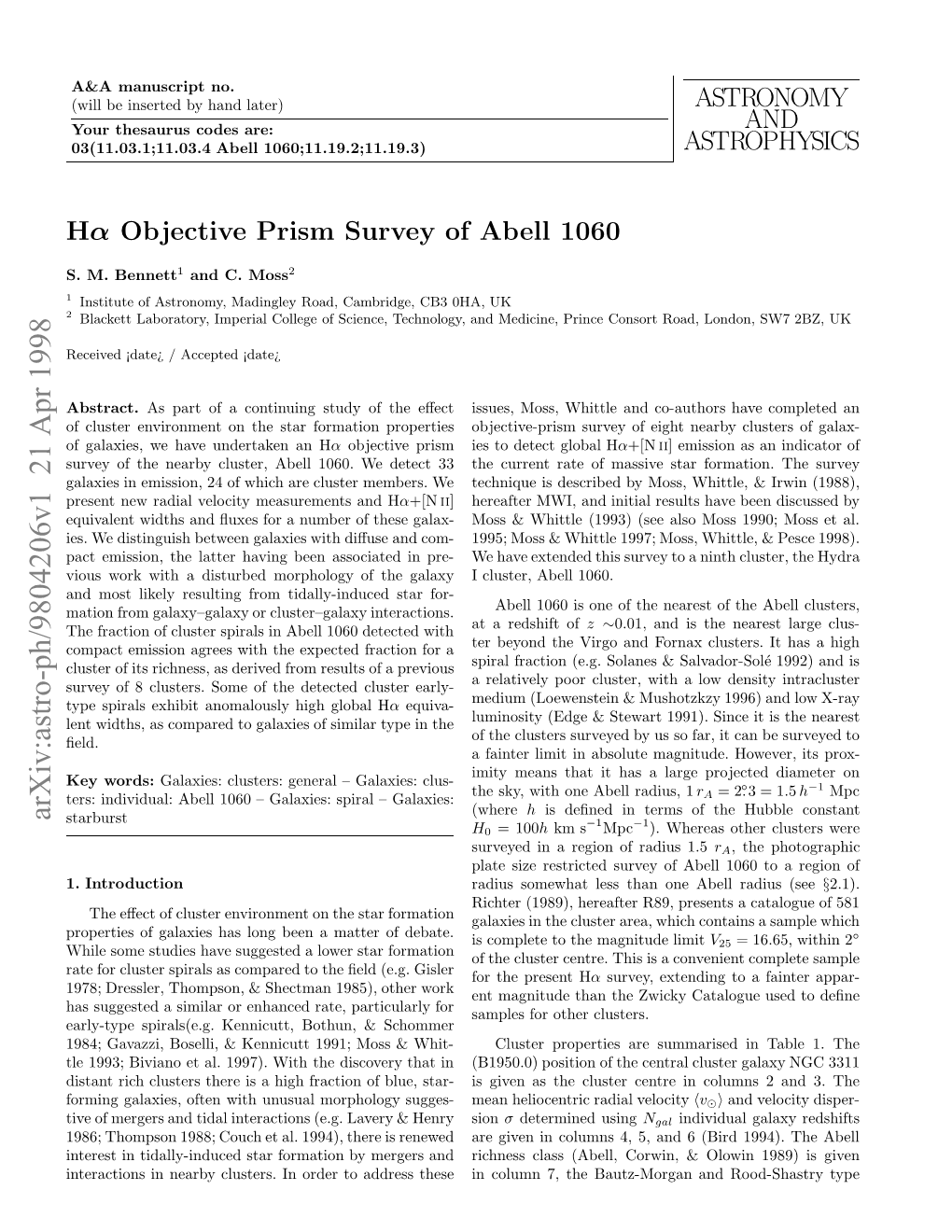 H-Alpha Objective Prism Survey of Abell 1060