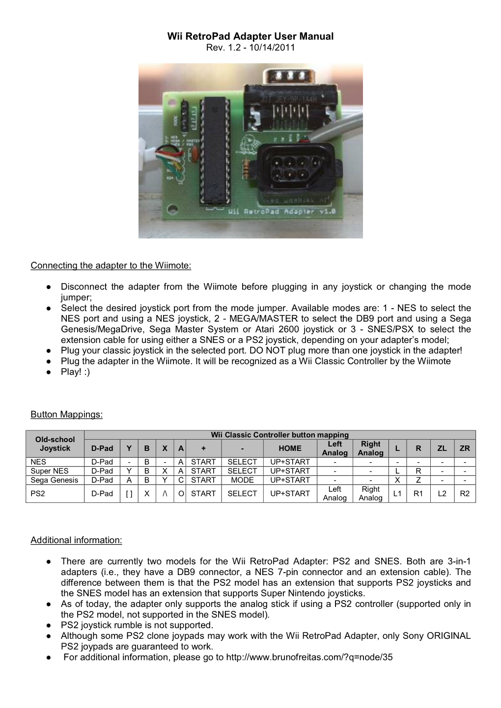 Wii Retropad Adapter User Manual Rev