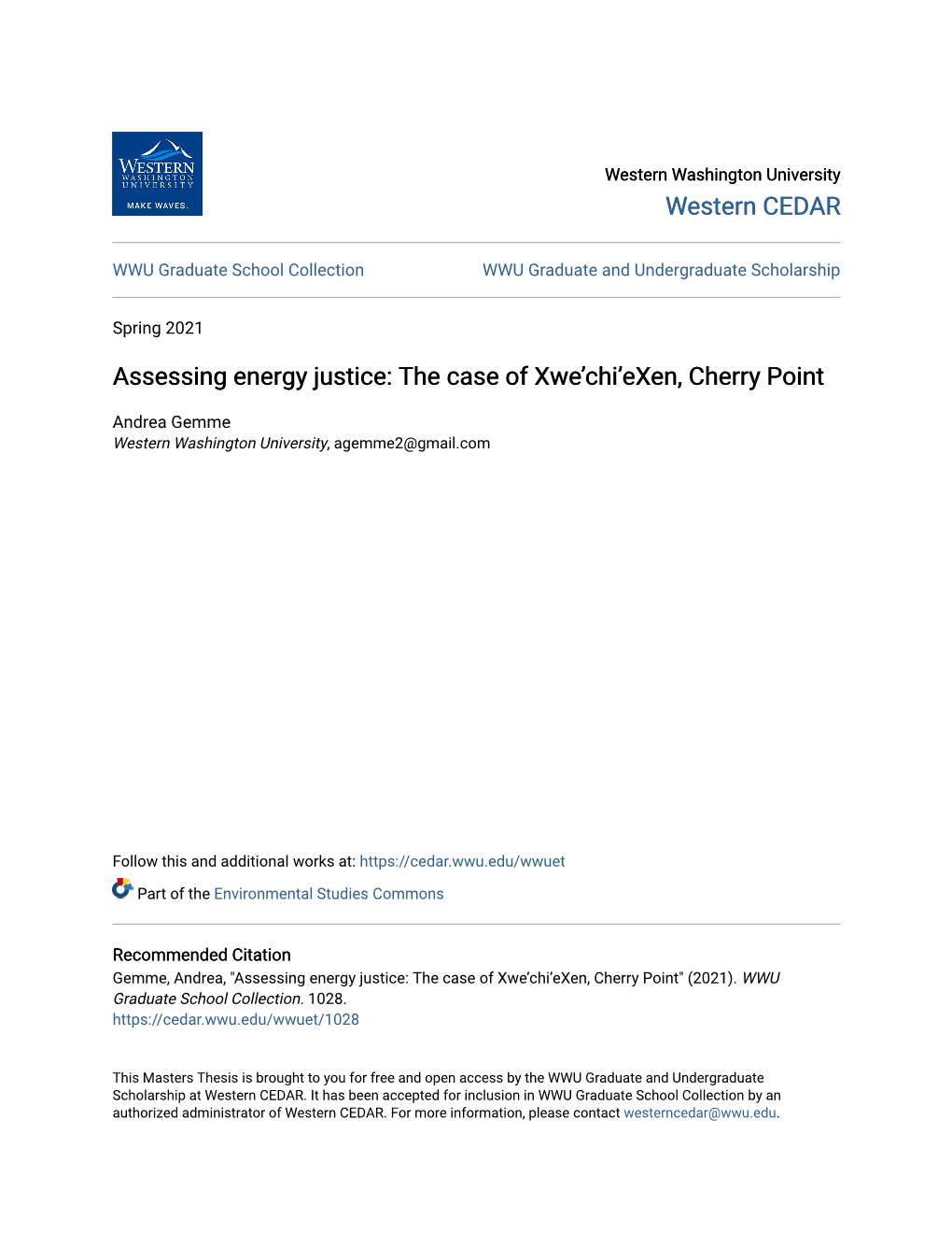 Assessing Energy Justice: the Case of Xwe’Chi’Exen, Cherry Point