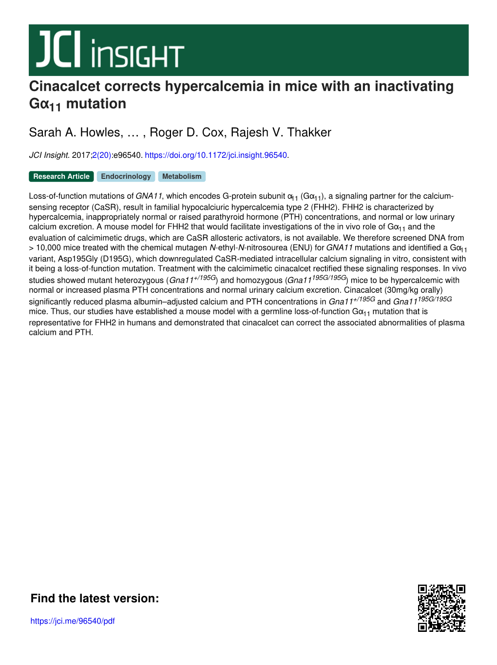 Cinacalcet Corrects Hypercalcemia in Mice with an Inactivating Gα11 Mutation