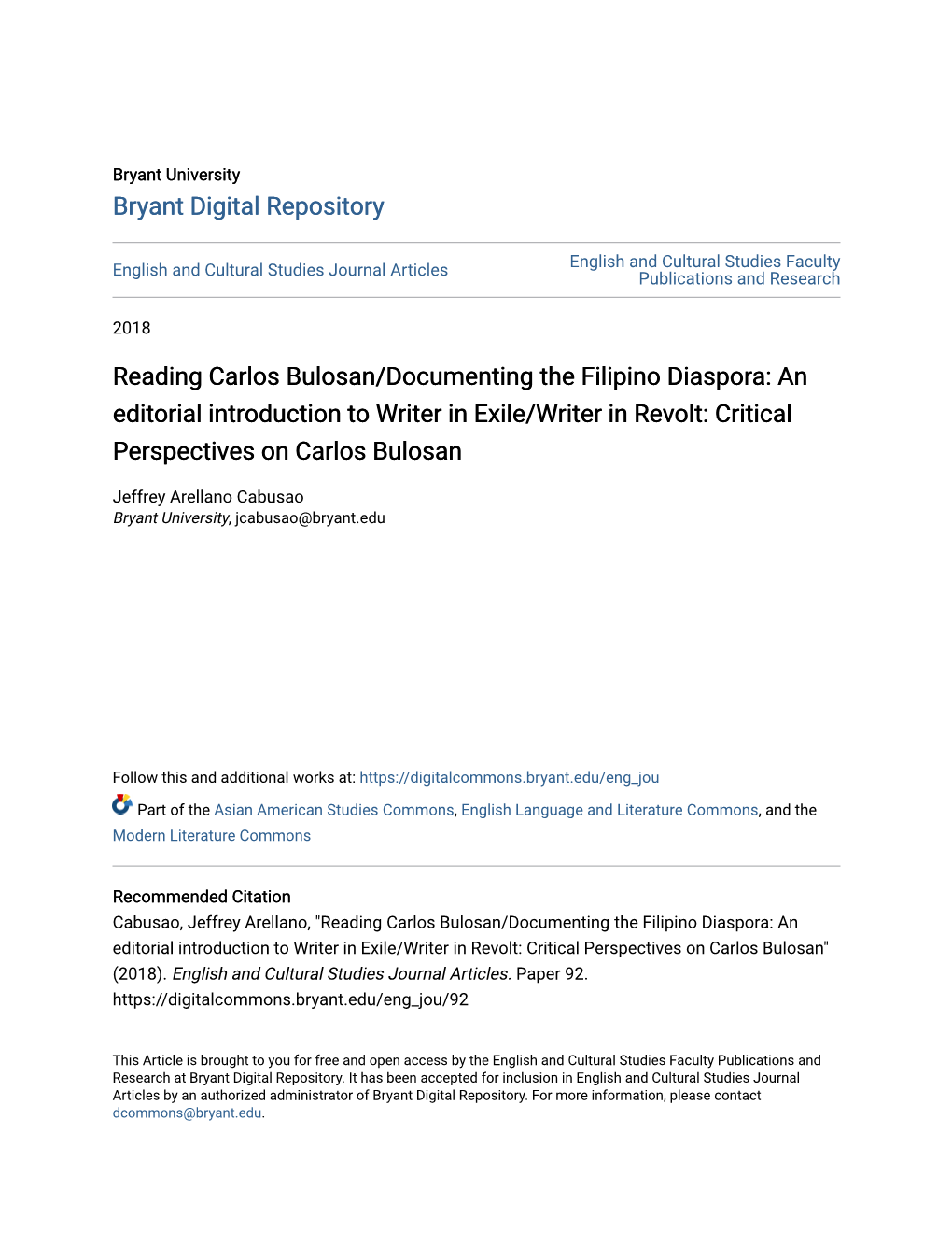 Reading Carlos Bulosan/Documenting the Filipino Diaspora: an Editorial Introduction to Writer in Exile/Writer in Revolt: Critical Perspectives on Carlos Bulosan