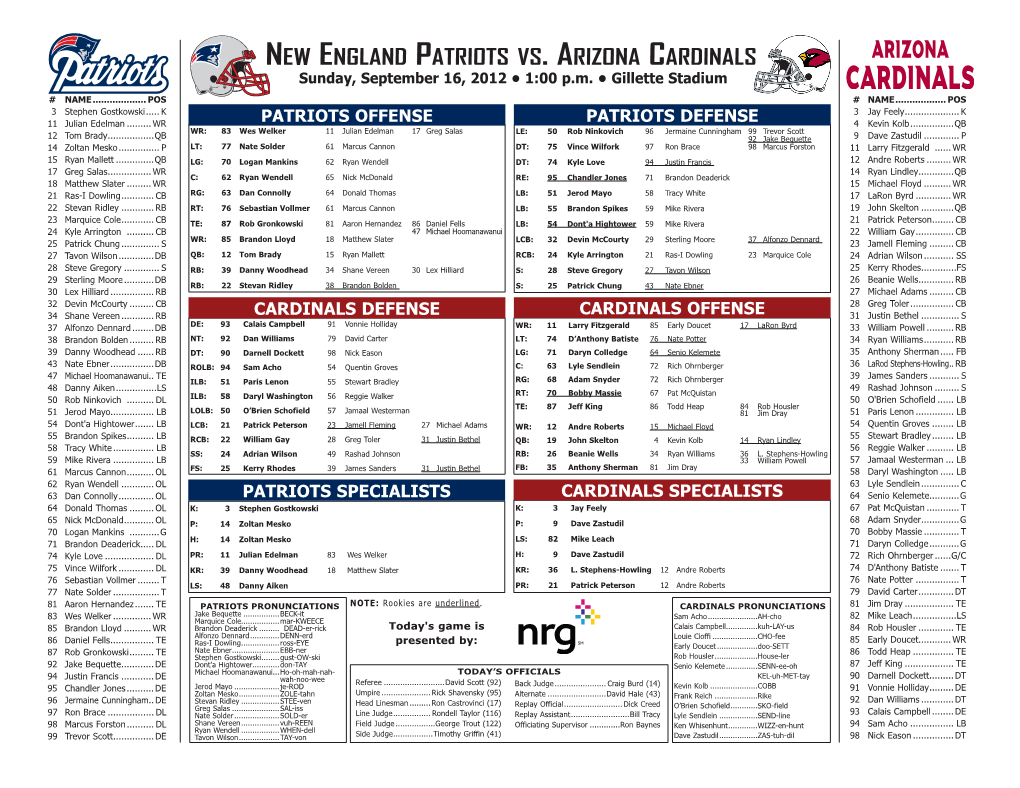 New England Patriots Vs. Arizona Cardinals Sunday, September 16, 2012 • 1:00 P.M