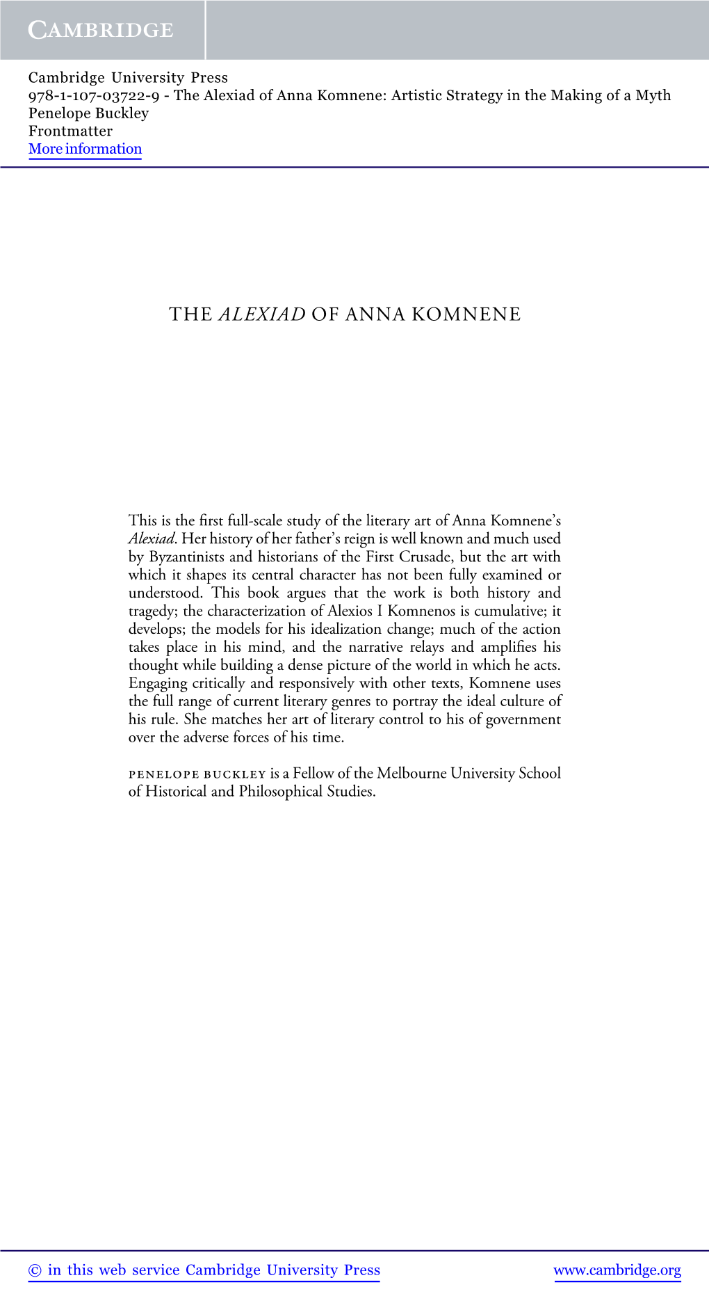 The Alexiad of Anna Komnene: Artistic Strategy in the Making of a Myth Penelope Buckley Frontmatter More Information