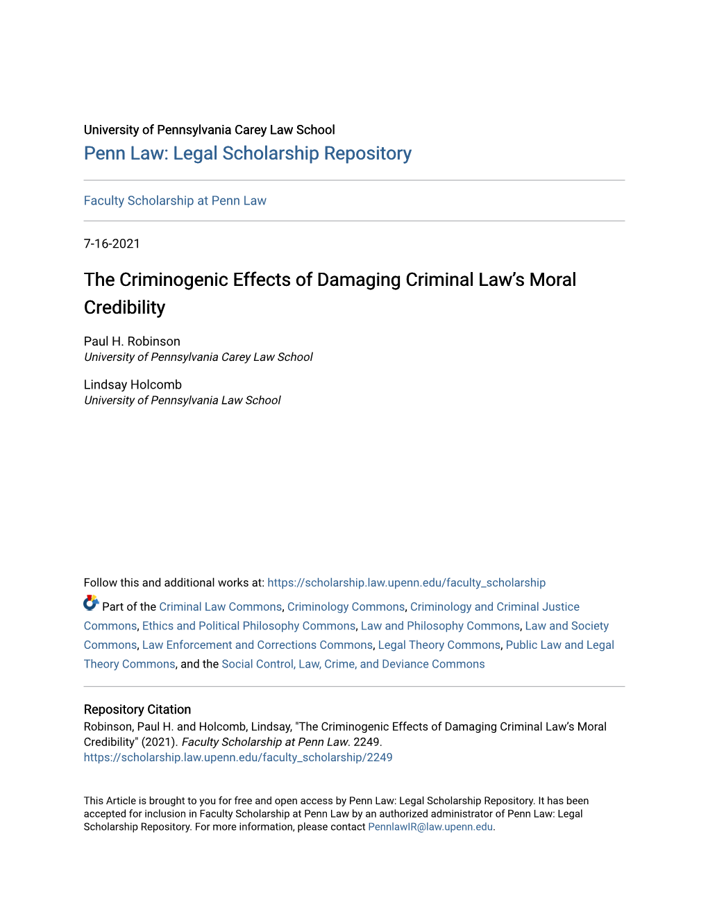 The Criminogenic Effects of Damaging Criminal Law's Moral Credibility