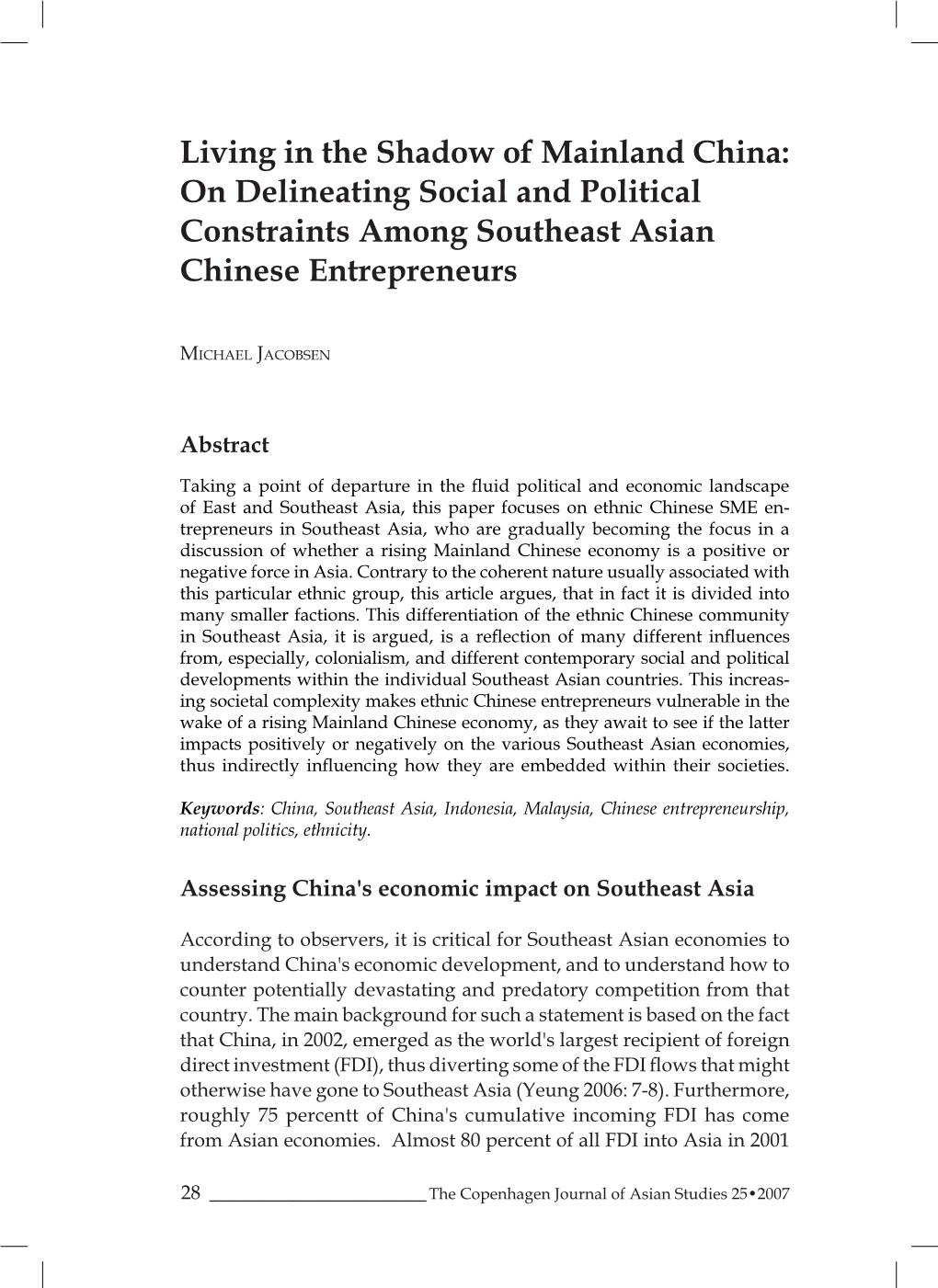 Living in the Shadow of Mainland China: on Delineating Social and Political Constraints Among Southeast Asian Chinese Entrepreneurs